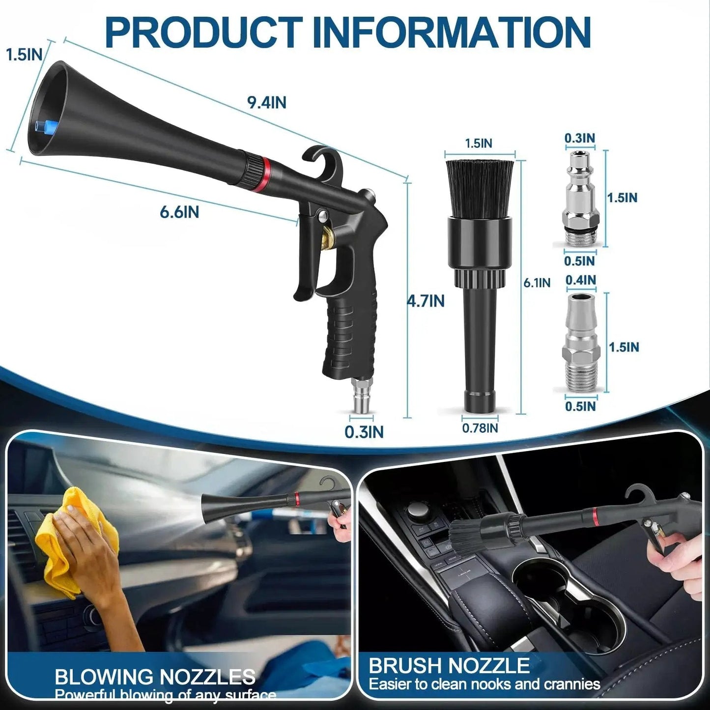 Tornado Car Cleaning Gun With Aluminum Alloy Bearing Nozzle And Two Attachments Plus Detail Brush, showing dimensions and usage in cars