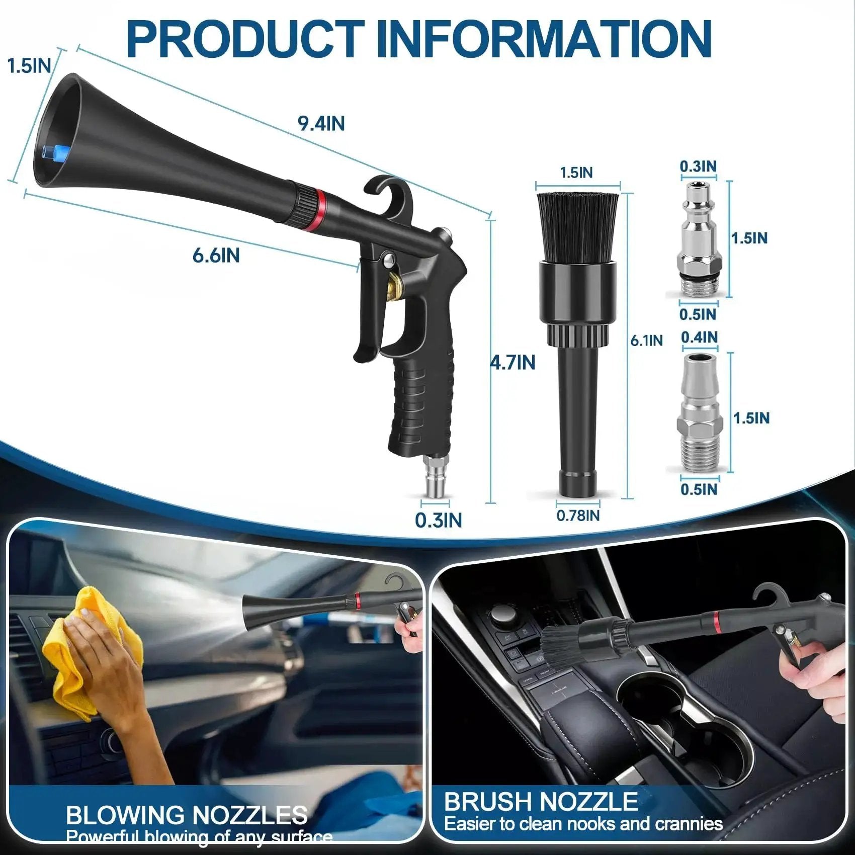 Tornado Car Cleaning Gun With Aluminum Alloy Bearing Nozzle And Two Attachments Plus Detail Brush, showing dimensions and usage in cars