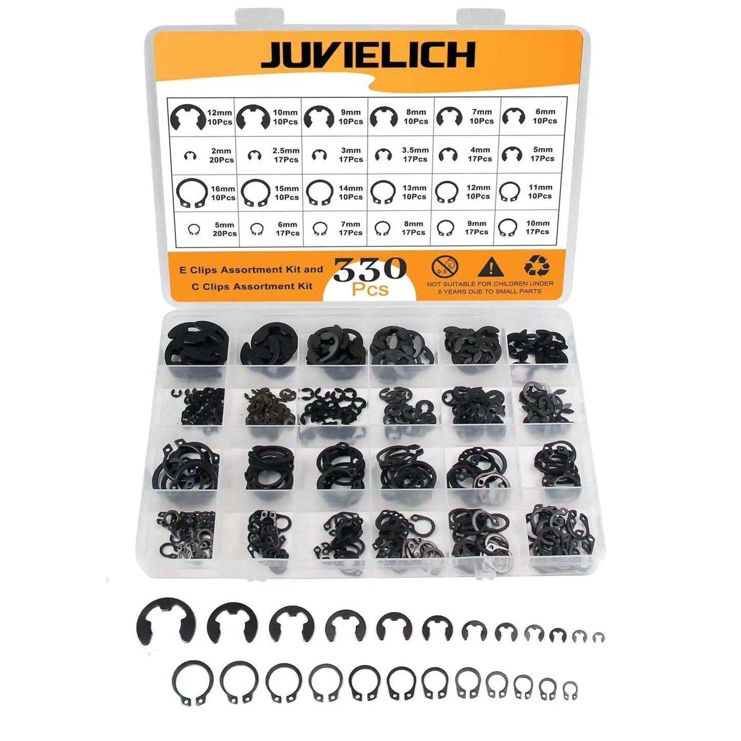 330 Piece Snap Rings Kit With E Clips And C Clips External Retaining Rings Assortment 24 Sizes From 2mm To 16mm Carbon Steel