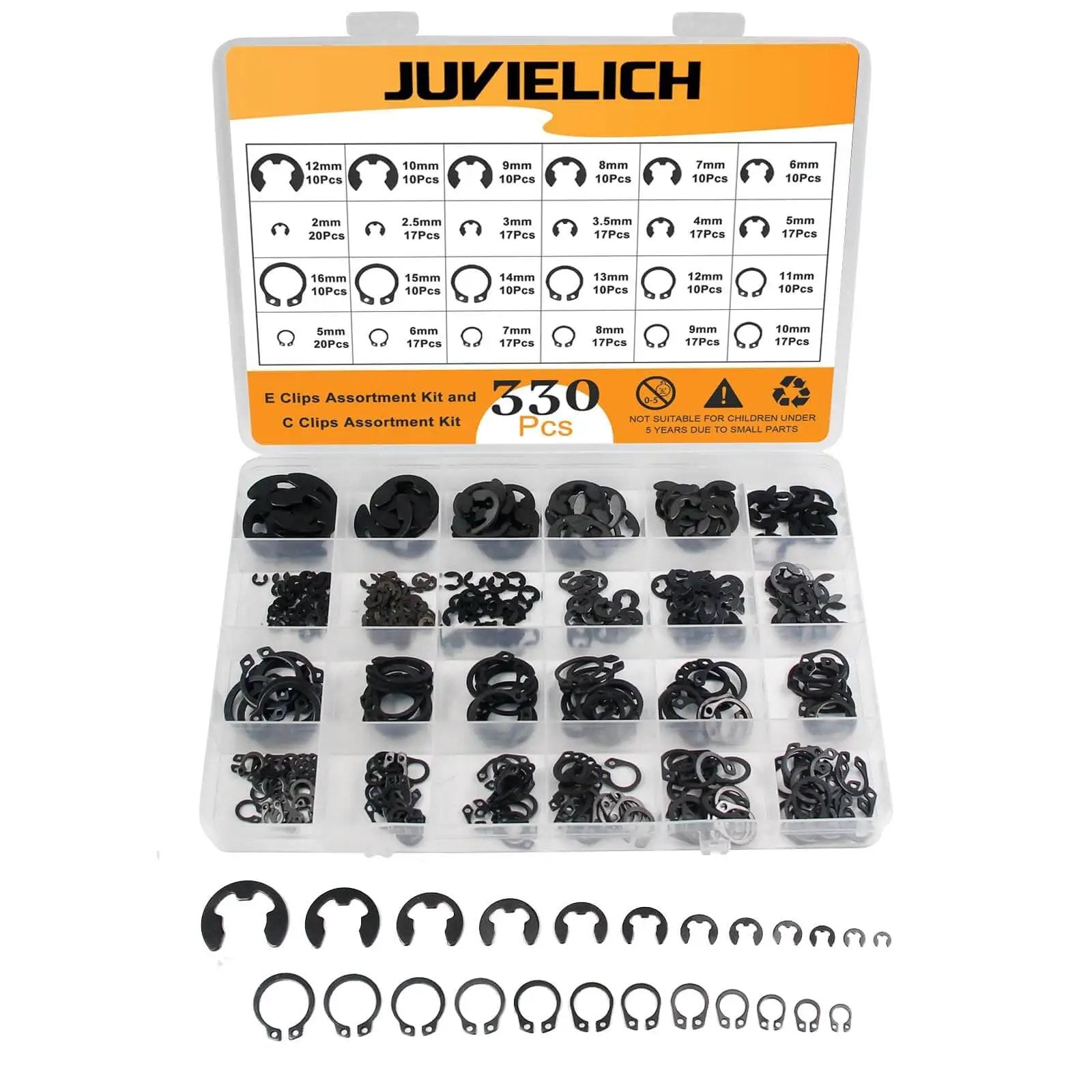 330 Piece Snap Rings Kit With E Clips And C Clips External Retaining Rings Assortment 24 Sizes From 2mm To 16mm Carbon Steel
