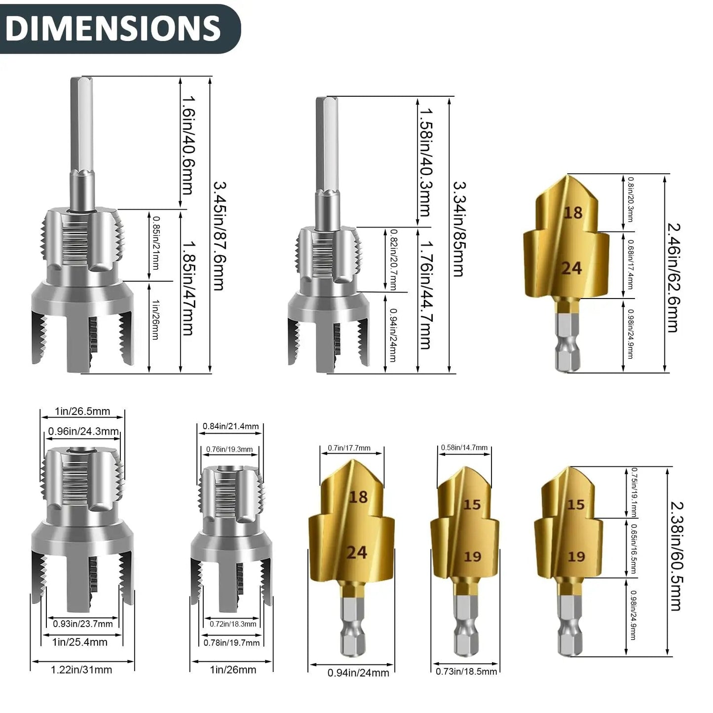 Dimensions of Drill Style PPR Pipe Threader And Reaming Kit For One Half Inch And Three Quarter Inch PVC Pipes