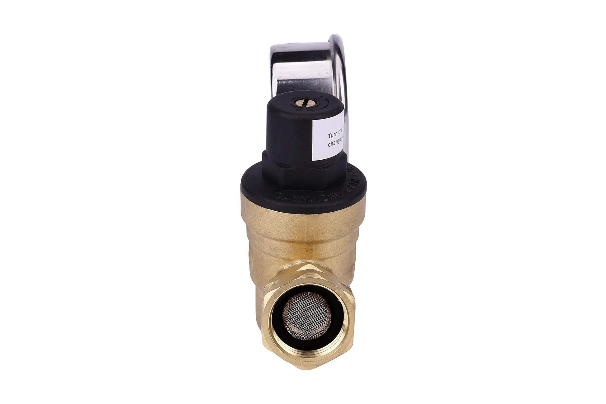 RV Water Pressure Regulator With Gauge, Adjustable From Zero To One Sixty PSI, brass body, front view
