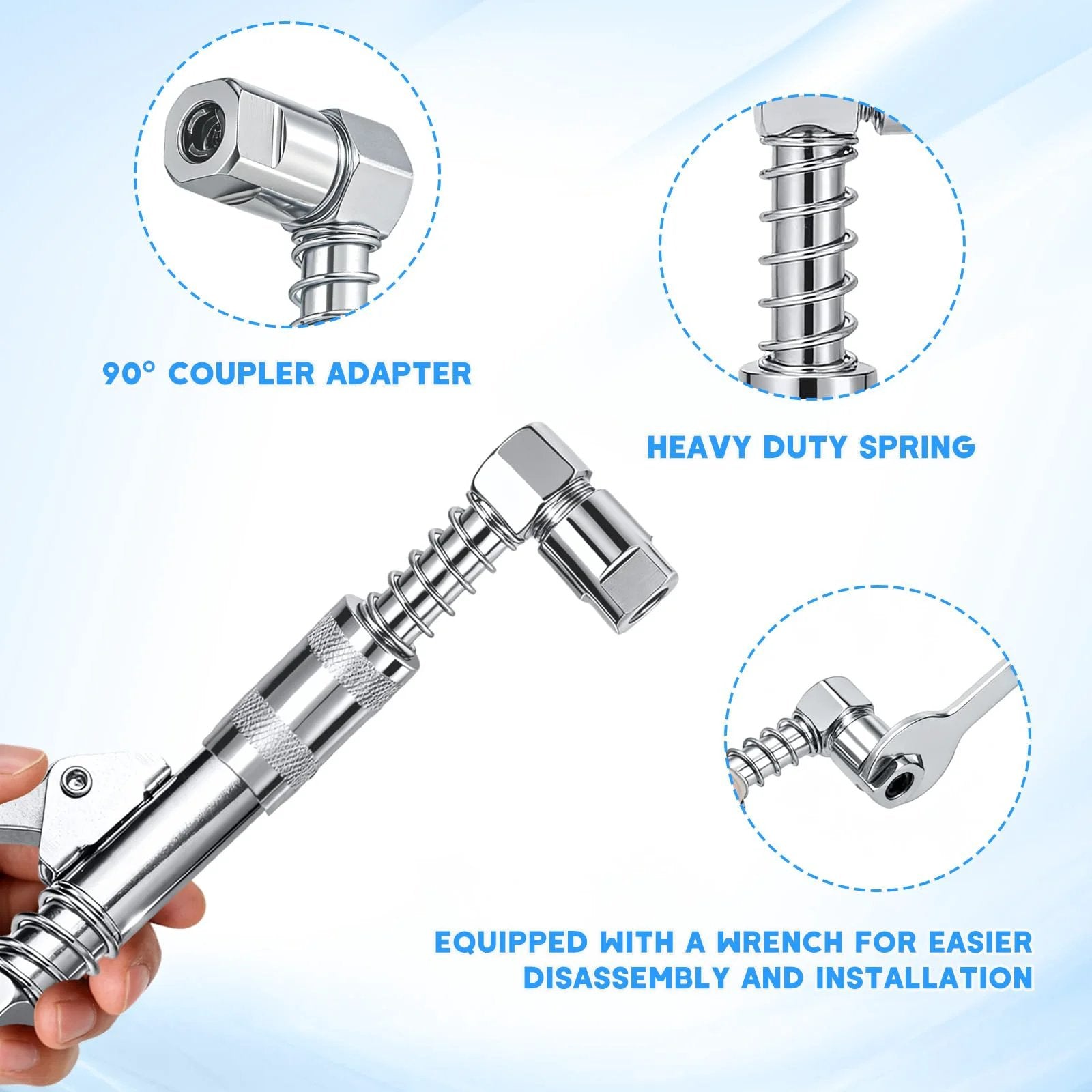 Image showing the Grease Gun Fittings Accessory Kit Pro Grade with 90 Degree Grease Coupler Adapter, heavy duty spring, and wrench.