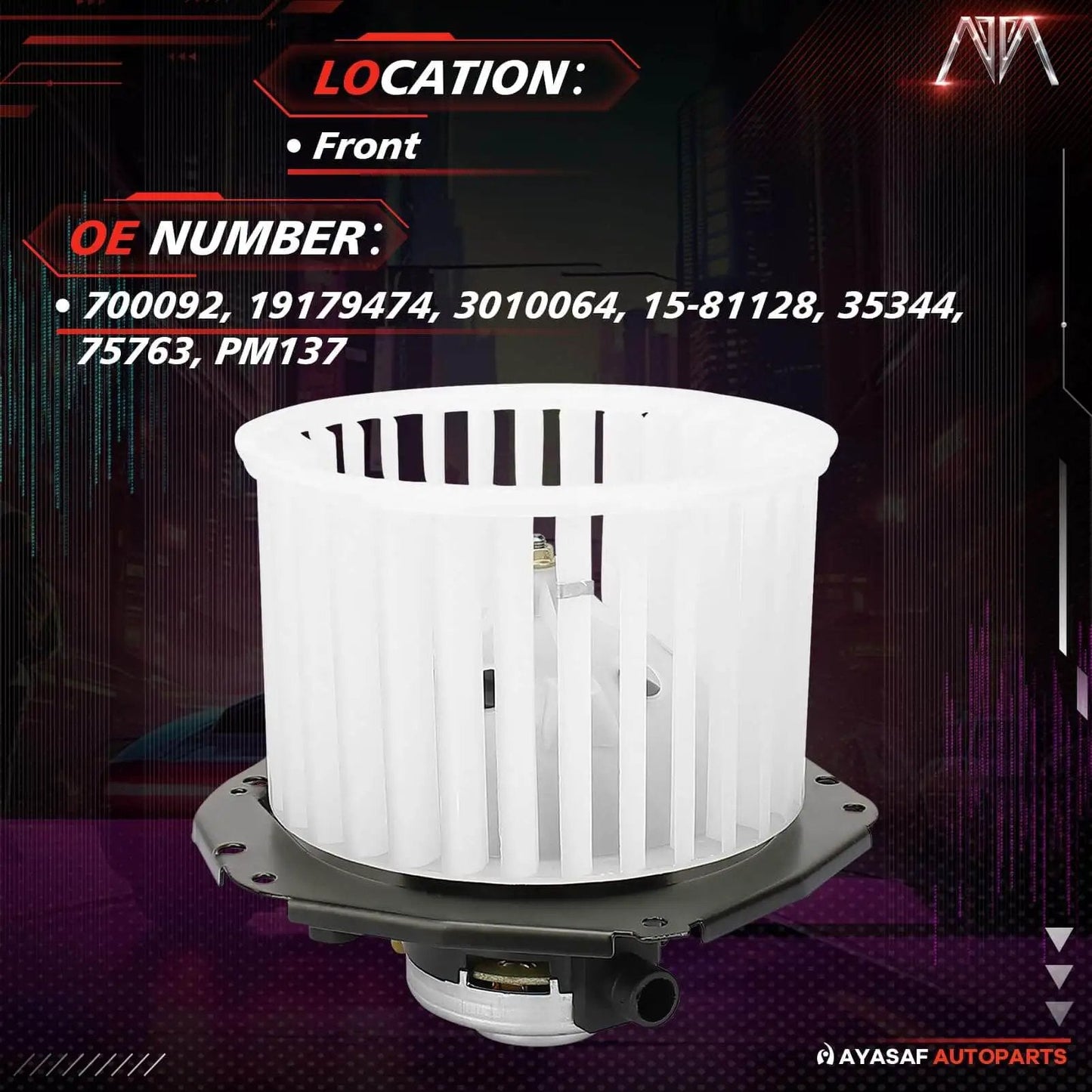 Front view of HVAC Blower Motor Assembly for Chevy Astro, Blazer, Corvette, Camaro, GMC Safari, Sonoma, Jimmy, Buick Electra LeSabre, Pontiac Firebird, Oldsmobile Bravada, Isuzu Hombre 700092 OEM Replacement.