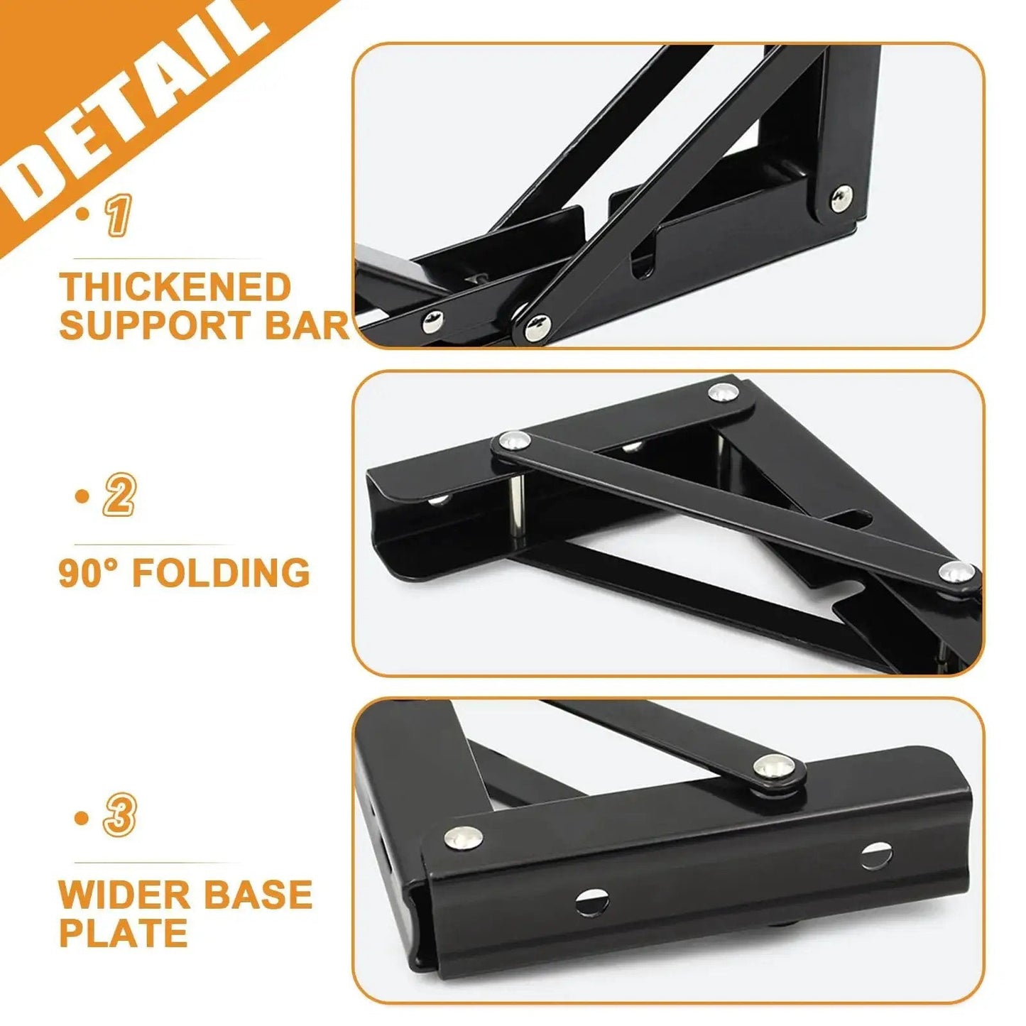 Detail view of Heavy Duty Folding Shelf Brackets For Wall Or Bench Use Two Pack 12 Inch Metal Collapsible Brackets With 150 Lbs Capacity