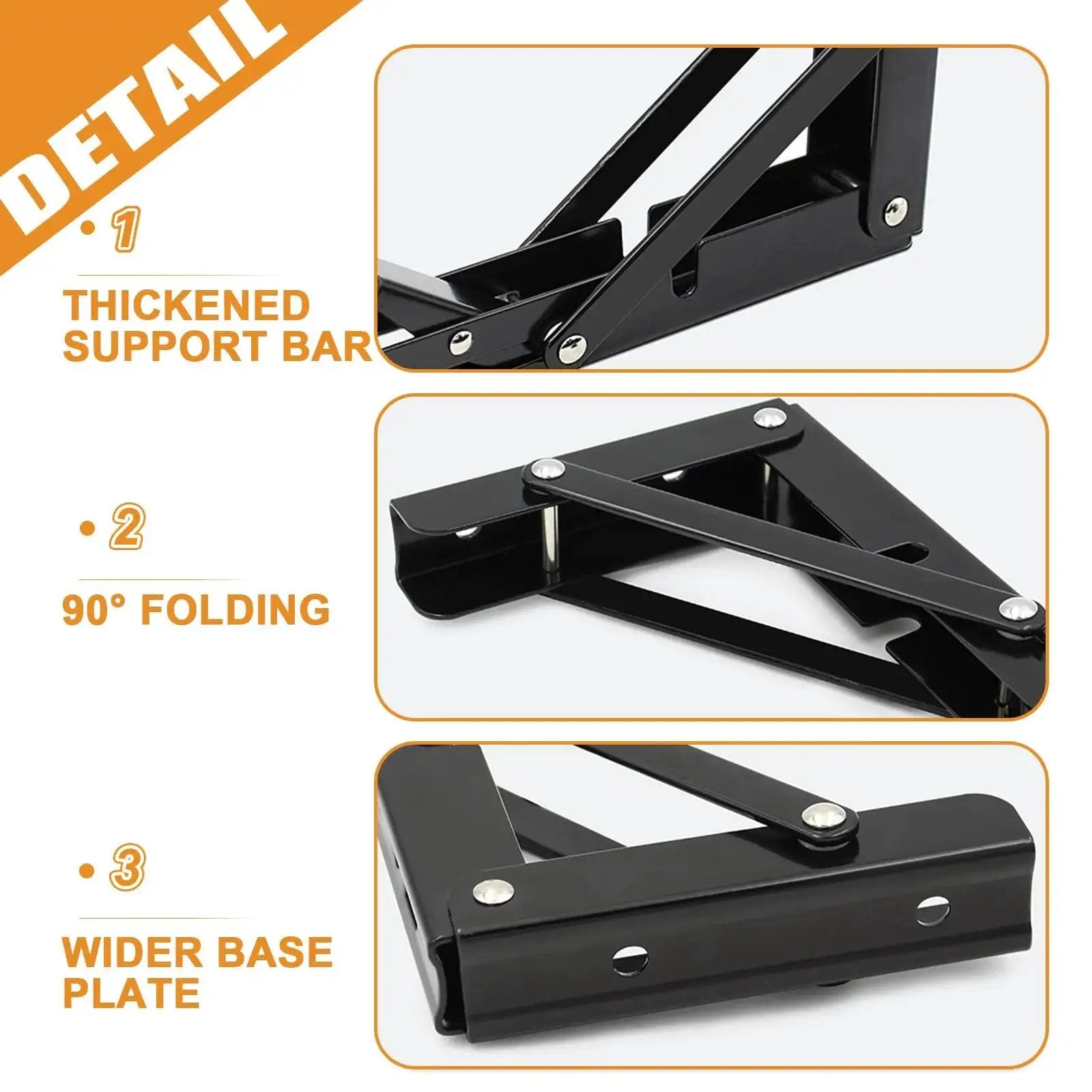 Detail view of Heavy Duty Folding Shelf Brackets For Wall Or Bench Use Two Pack 12 Inch Metal Collapsible Brackets With 150 Lbs Capacity