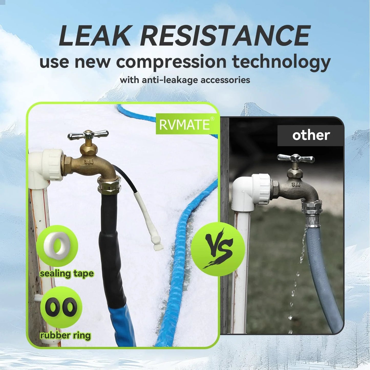 Comparison of heated water hose for RV with freeze protection and traditional hose in winter use, highlighting leak resistance.