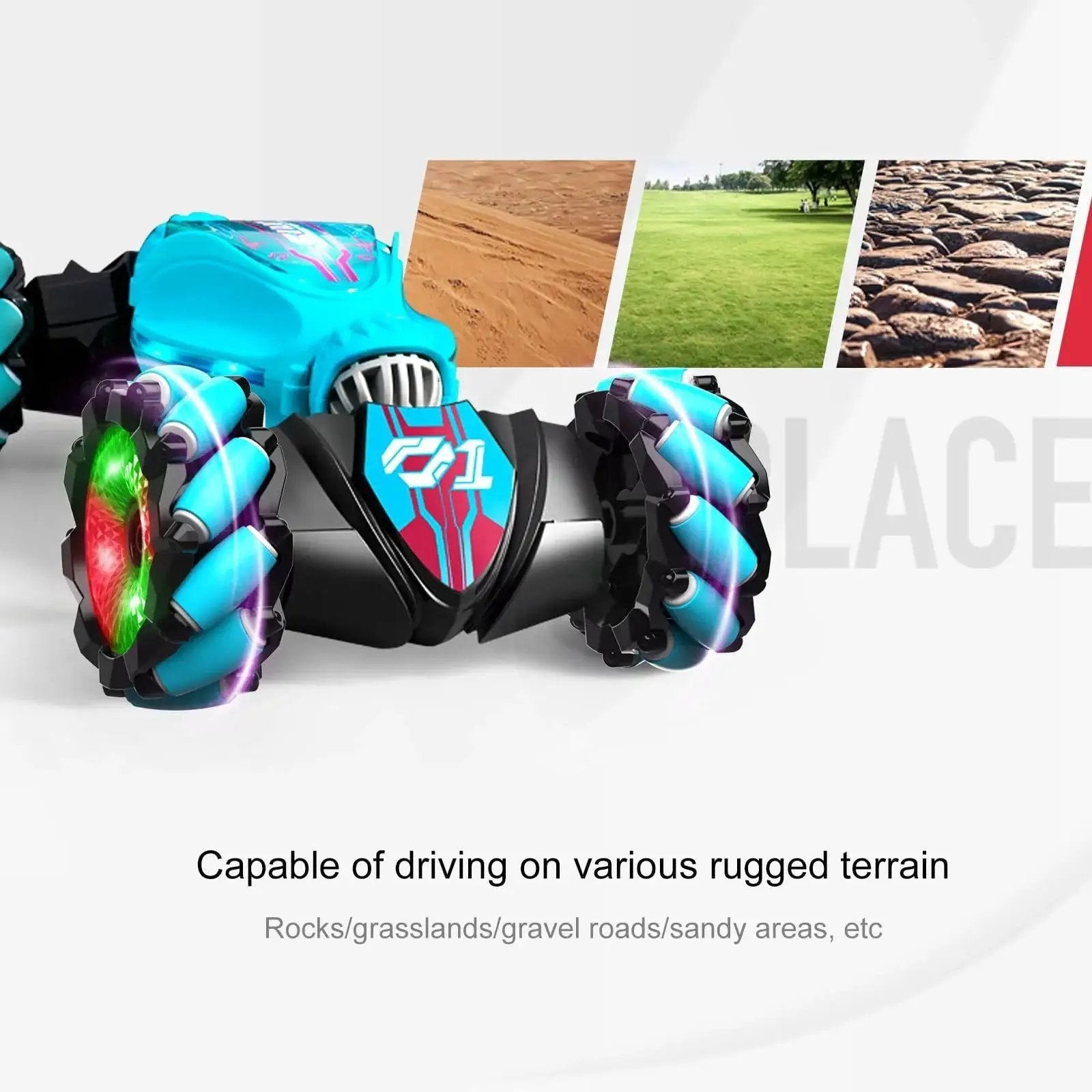 360 Degree Rotating 4WD Gesture Control RC Car with gesture sensing on various rugged terrains for kids ages 6 and up.