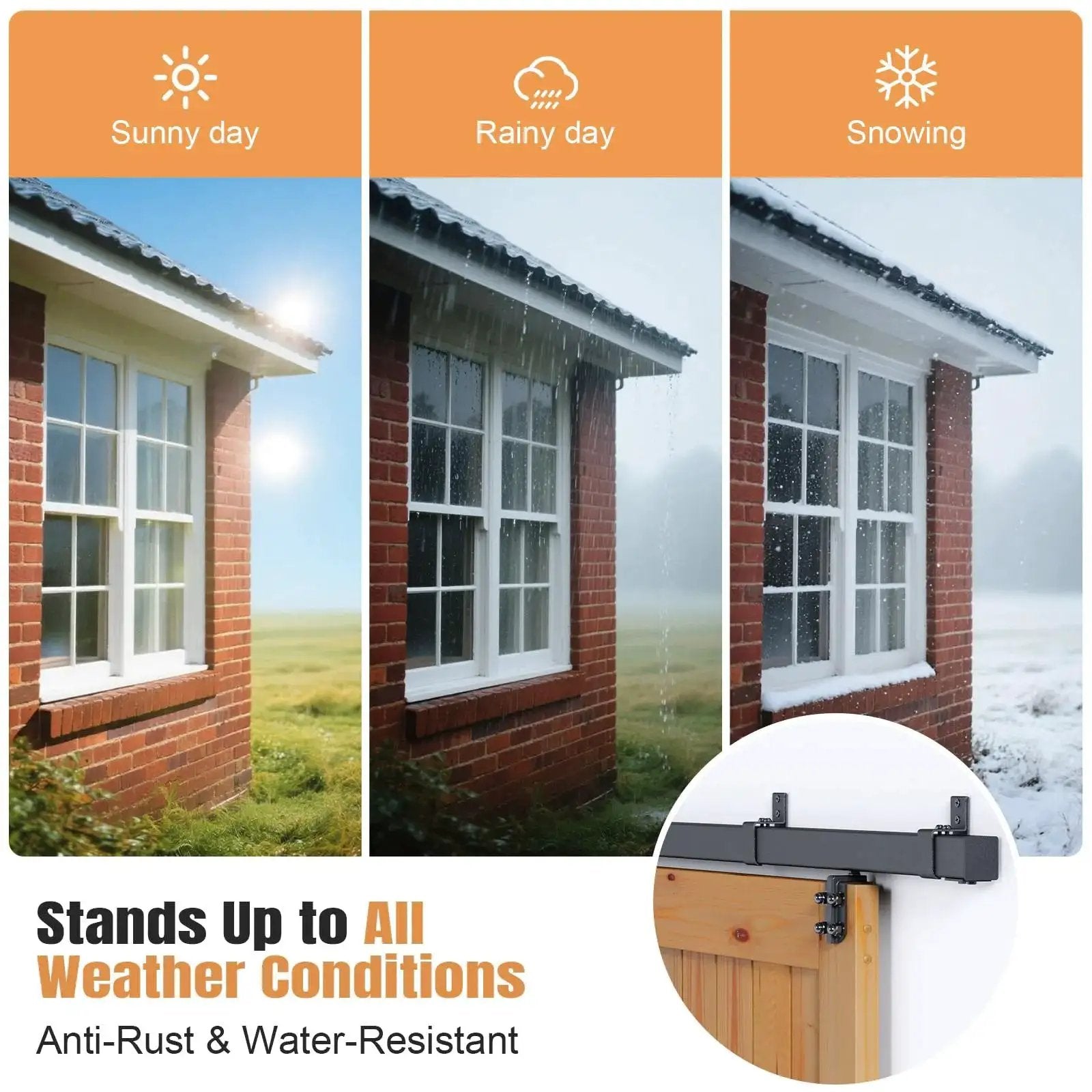 Exterior Sliding Barn Door Hardware Kit With Box Rail Track 8 Foot Length 450 Pound Capacity shown in outdoor weather conditions