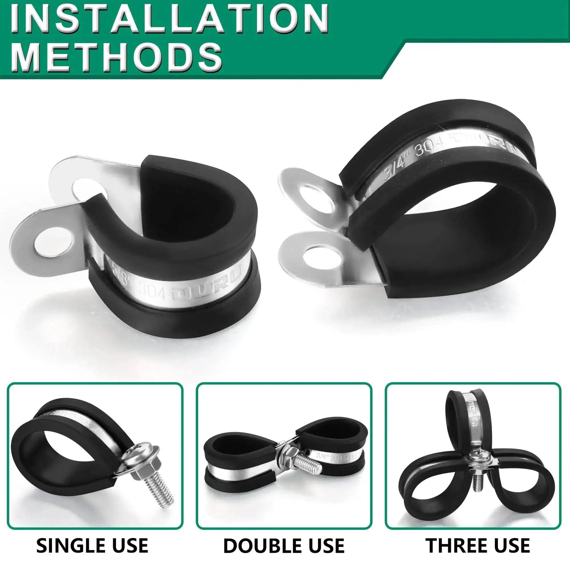 Stainless Steel 3 By 8 Inch Cable Clamps 30Pcs Rubber Coated Cushioned Insulated shown with installation methods