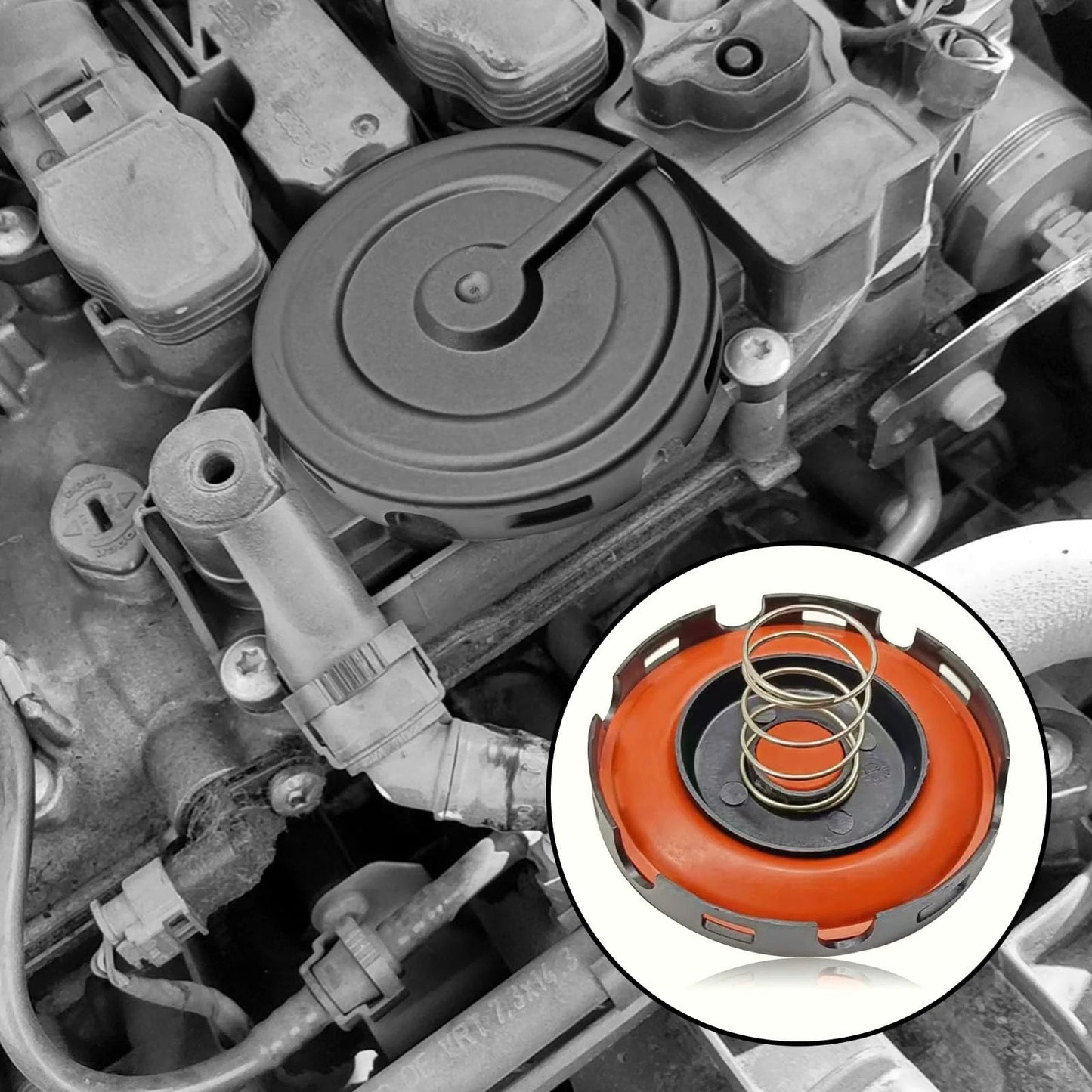 DIY Friendly PCV Valve Diaphragm Cover Repair Kit For VW Golf Jetta Passat Beetle Tiguan And Audi A3 A4 A5 A6 A7 Q5 Replaces OEM 06H103495AC 917-064 07K103469F 07K103469G 07K103469L 07K103469M 06H103495AH 06H103495E shown in engine view and part close-up.