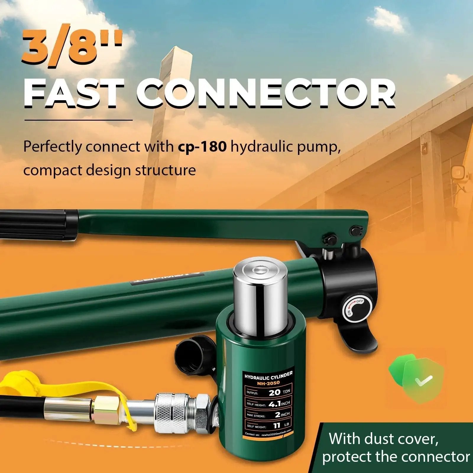 Close-up of 20 Ton Hydraulic Ram Jack With CP180 Pump And Pressure Gauge Porta Power Kit, featuring 3/8-inch connector.