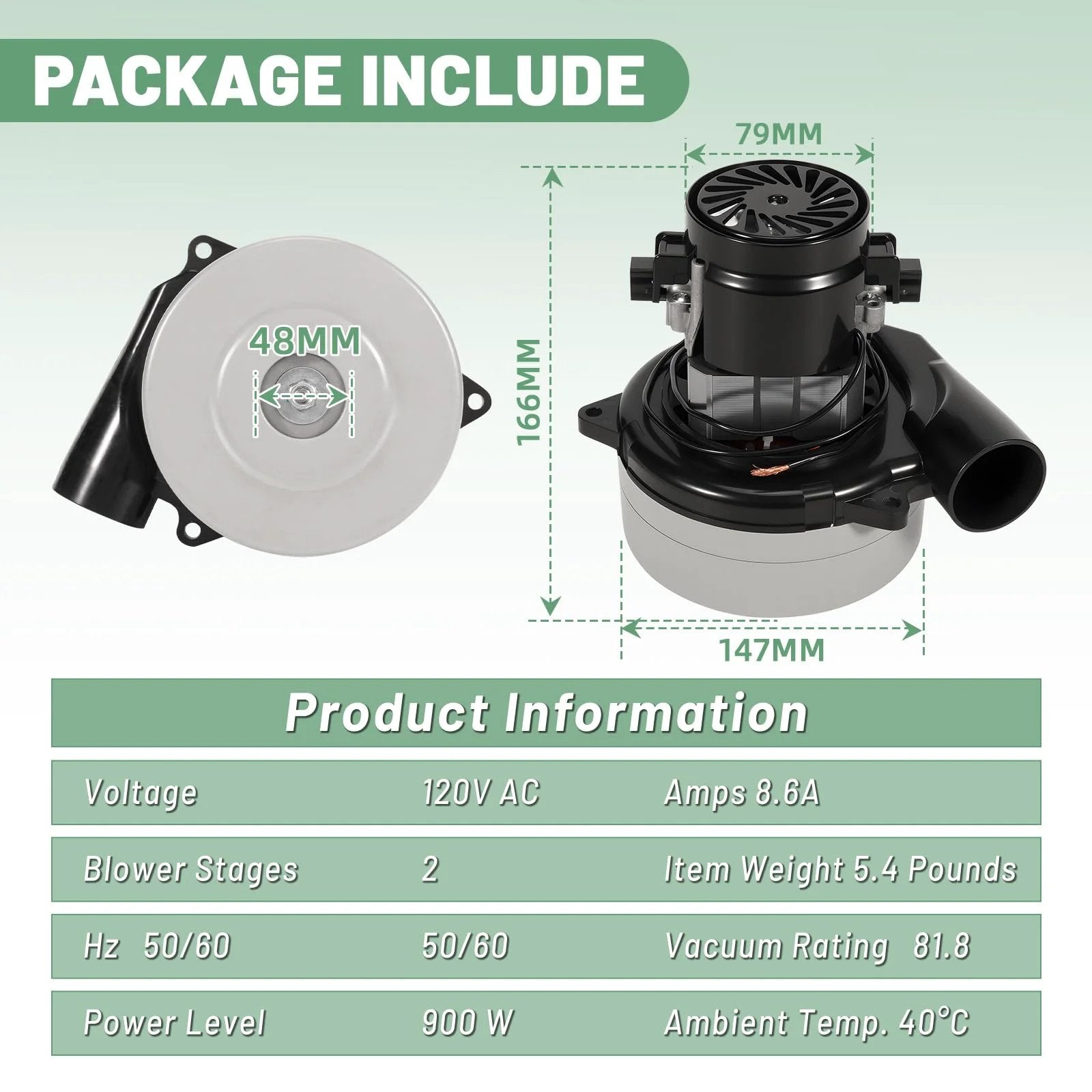 Powerful 120V 2 Stage 900W Vacuum Blower Motor Replacement For Ametek Lamb Vacuum Systems with specifications and dimensions.