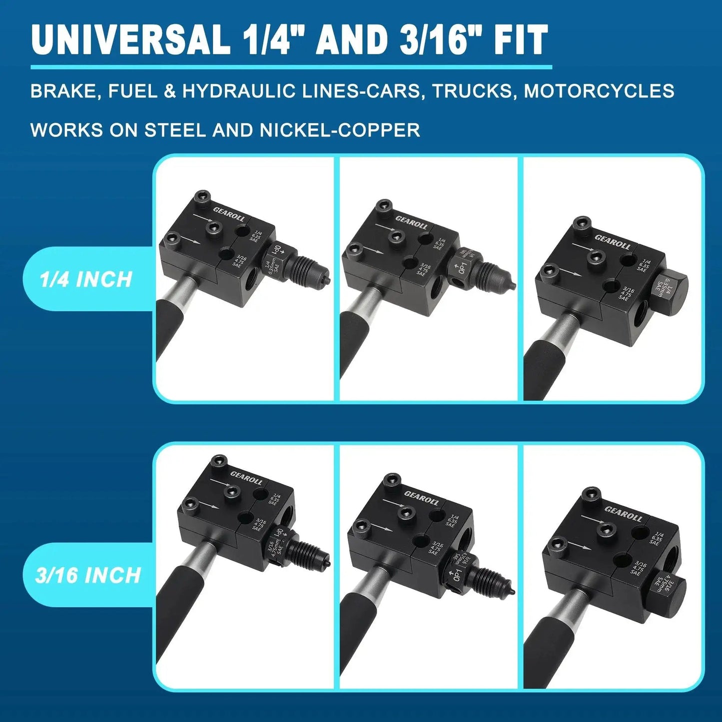Brake Line Flaring Tool Kit For 3/16 And 1/4 Tubes With SAE 45 Degree Flares showing dual head sizes for universal fit