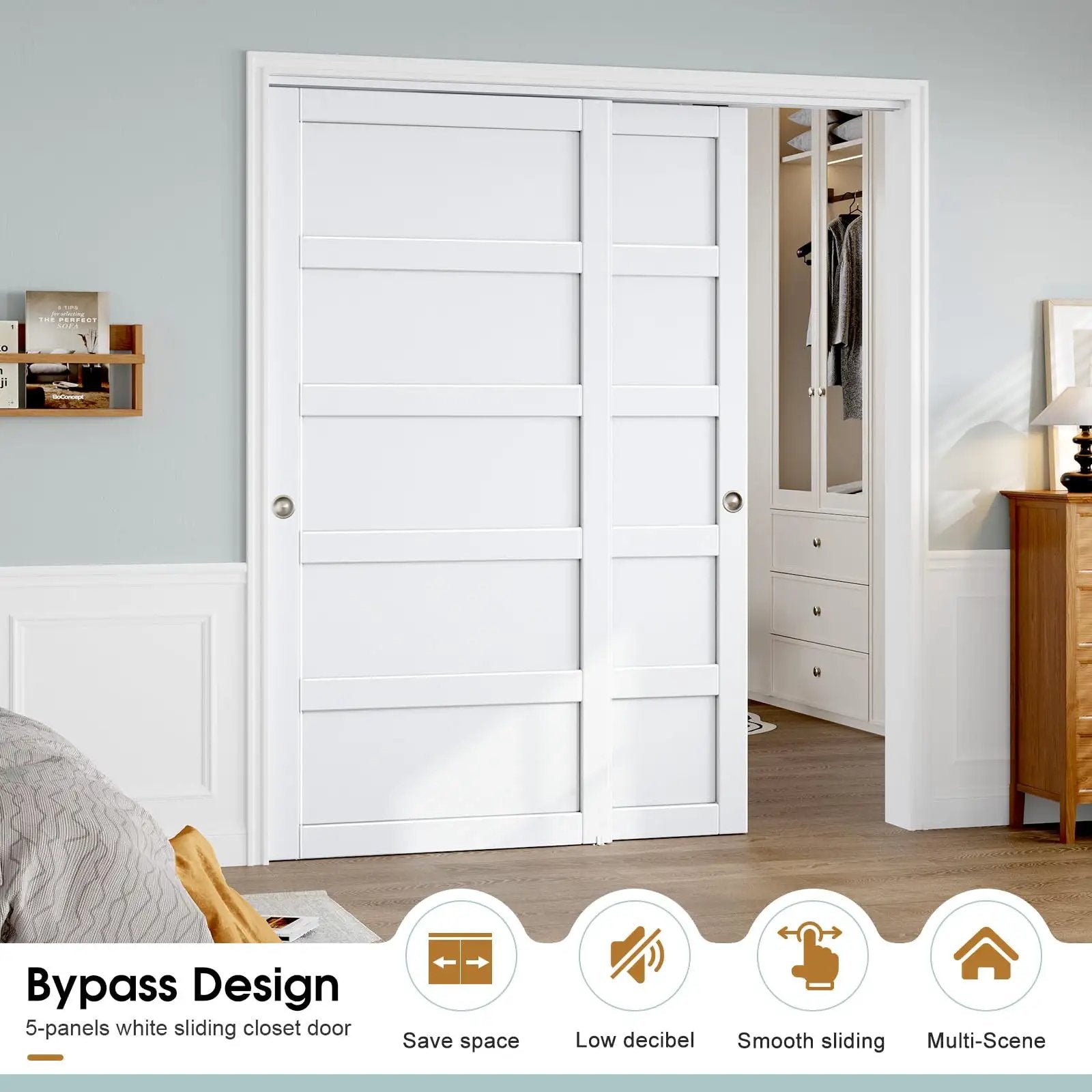 Sliding Closet Door 72x80 Inches, 5-Panel Bypass Barn Doors With Hardware Track Kit, White Finish, Installed in Bedroom