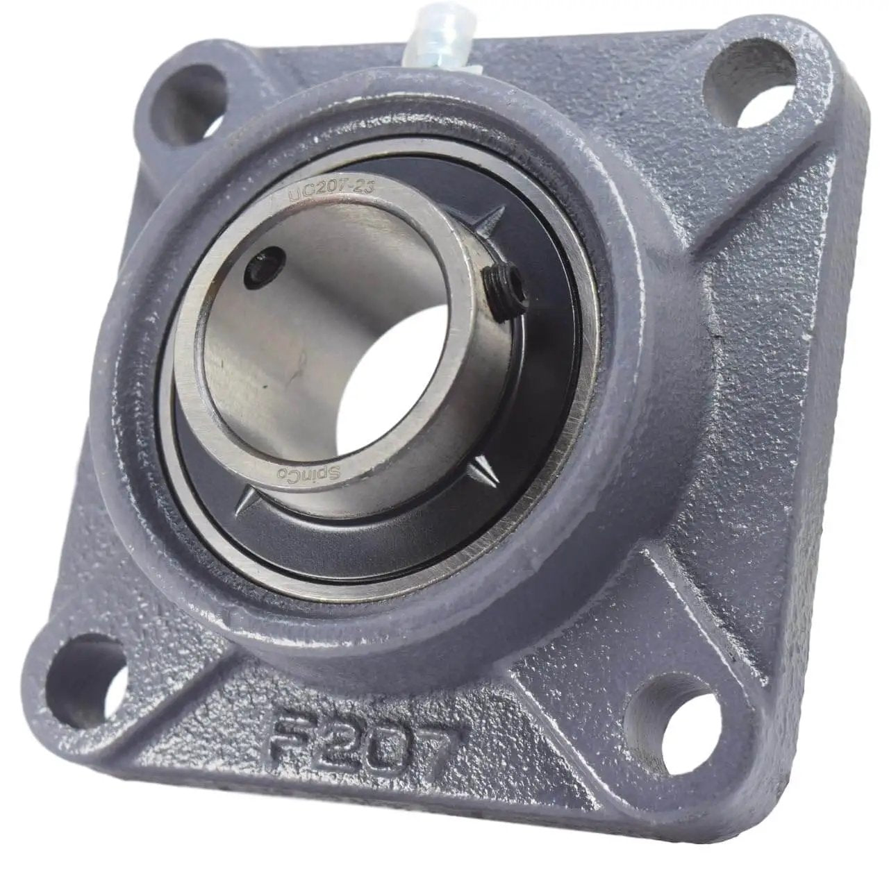 Alt Tag: 1-7/16 Inch Four Bolt Flange Bearing With Wide Inner Ring And Two Set Screws Cast Iron Housing With Grease Zerk Bore