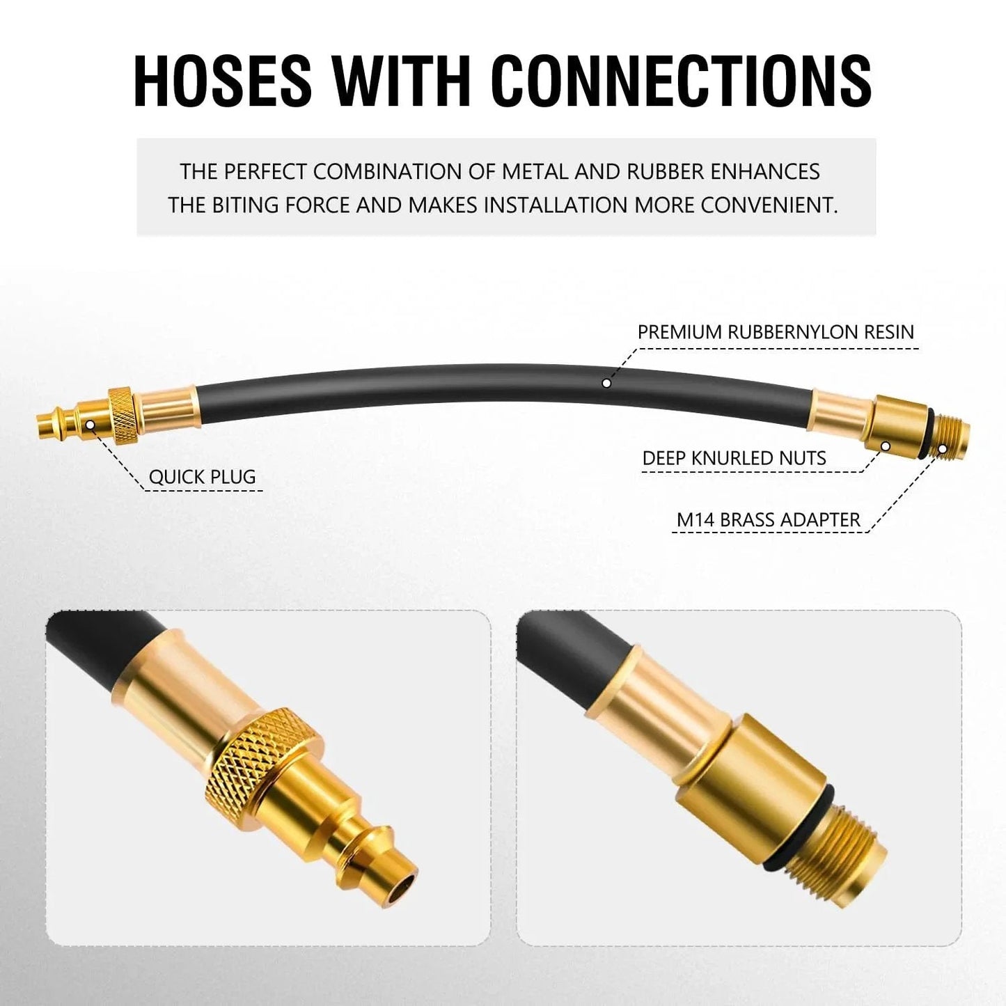Flexible hose with metal and rubber connectors, featuring knurled nuts, quick plug, and M14 brass adapter