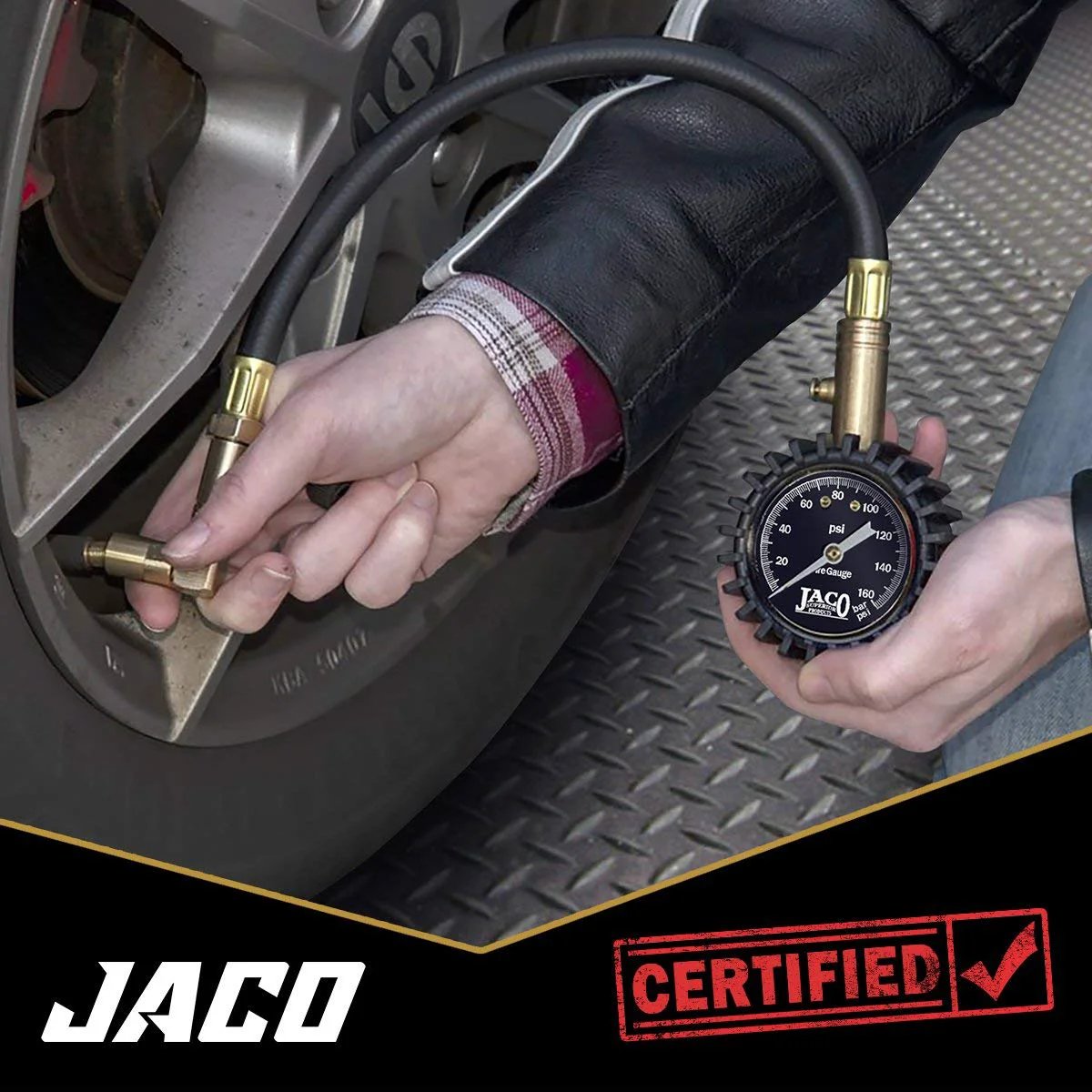 Person using Dual Air Chuck Tire Pressure Gauge Up To 160 PSI With Battery Free Accuracy, ANSI Certified And Mechanic Tested