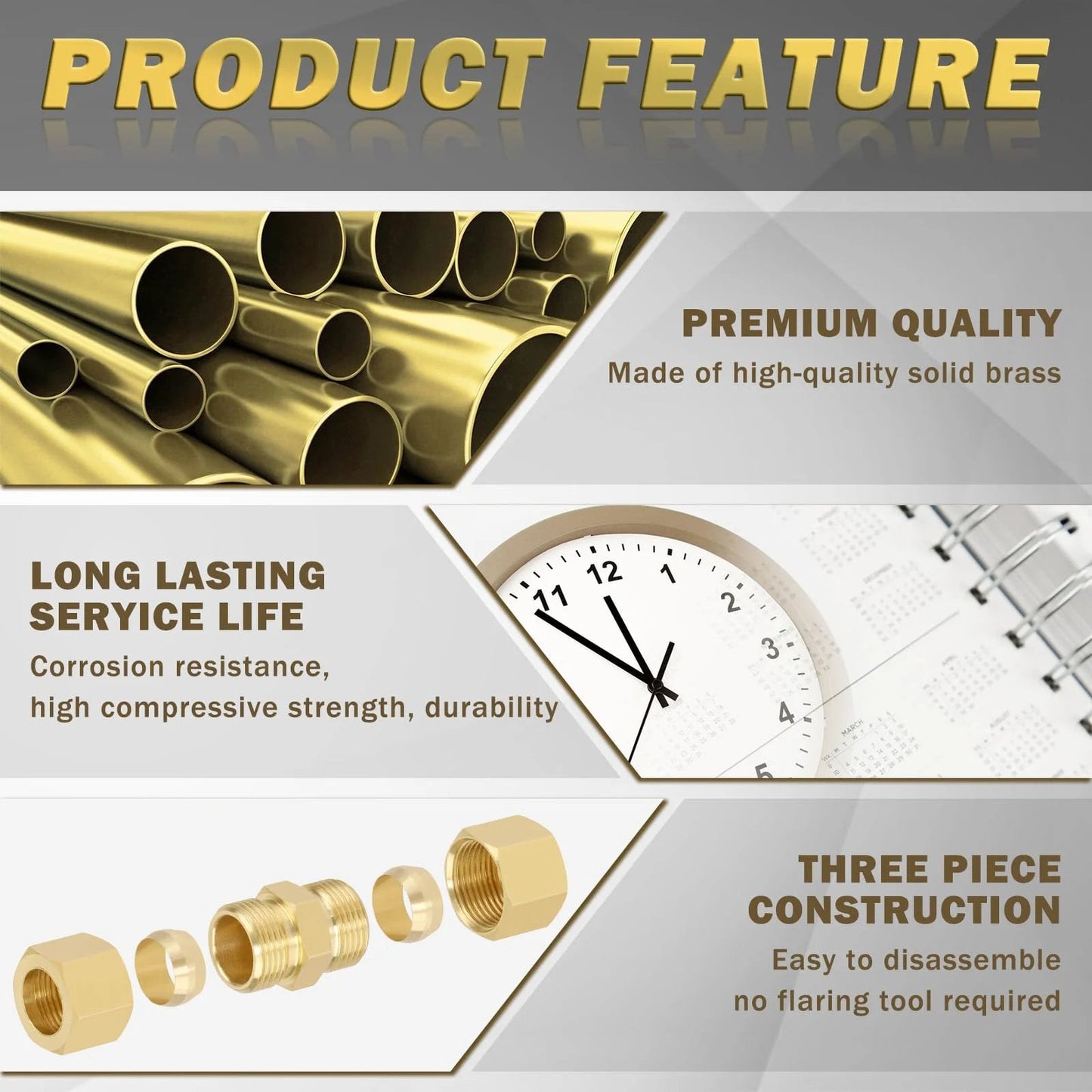 Brass Compression Tube Fittings Set Pro Grade Ten Pack With 3 16th Inch Outer Diameter Union Connectors And 10 Brass Sleeves Ferrules For Easy Leak Free Plumbing Air And Hydraulic Installations product features showing quality, durability, and construction.