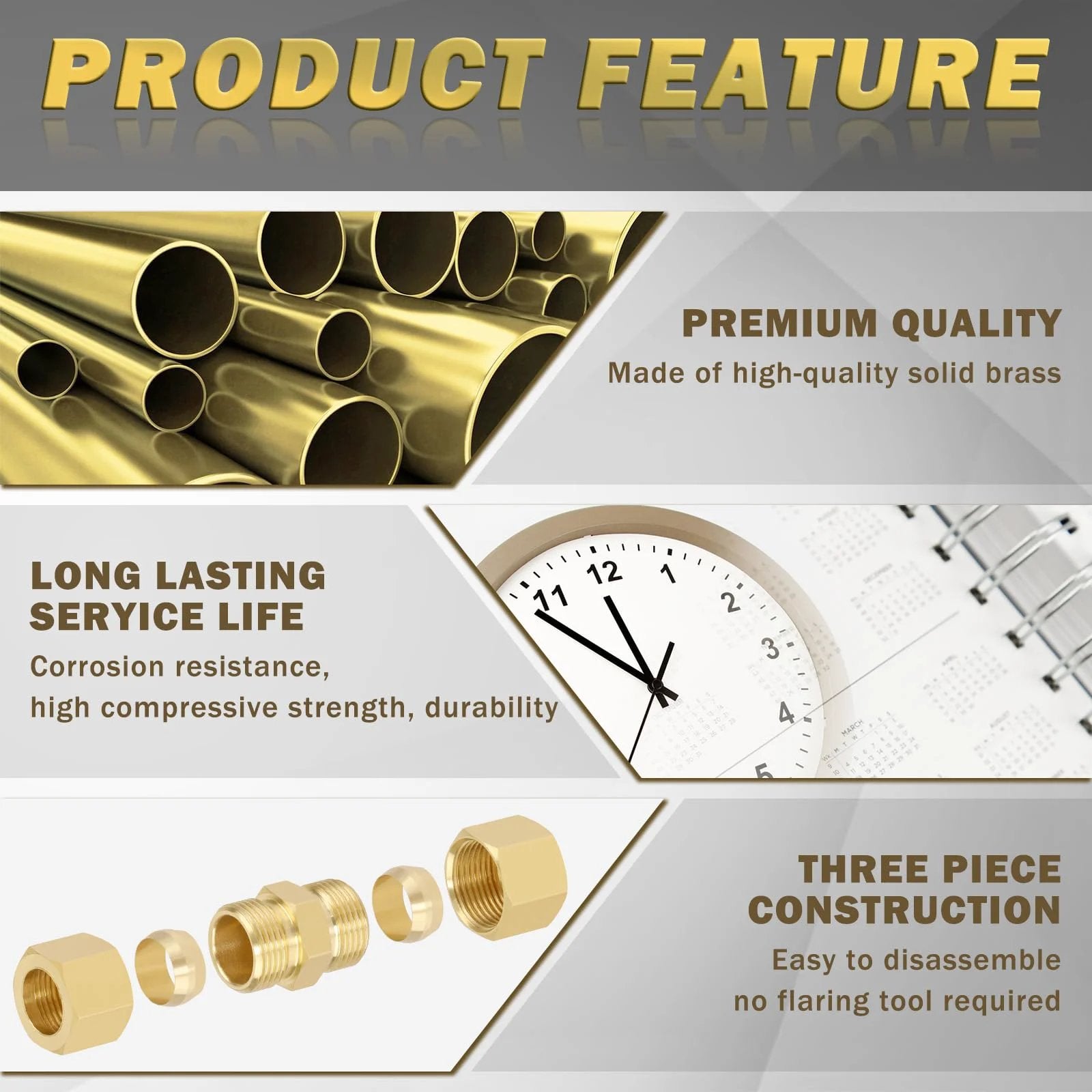 Brass Compression Tube Fittings Set Pro Grade Ten Pack With 3 16th Inch Outer Diameter Union Connectors And 10 Brass Sleeves Ferrules For Easy Leak Free Plumbing Air And Hydraulic Installations product features showing quality, durability, and construction.