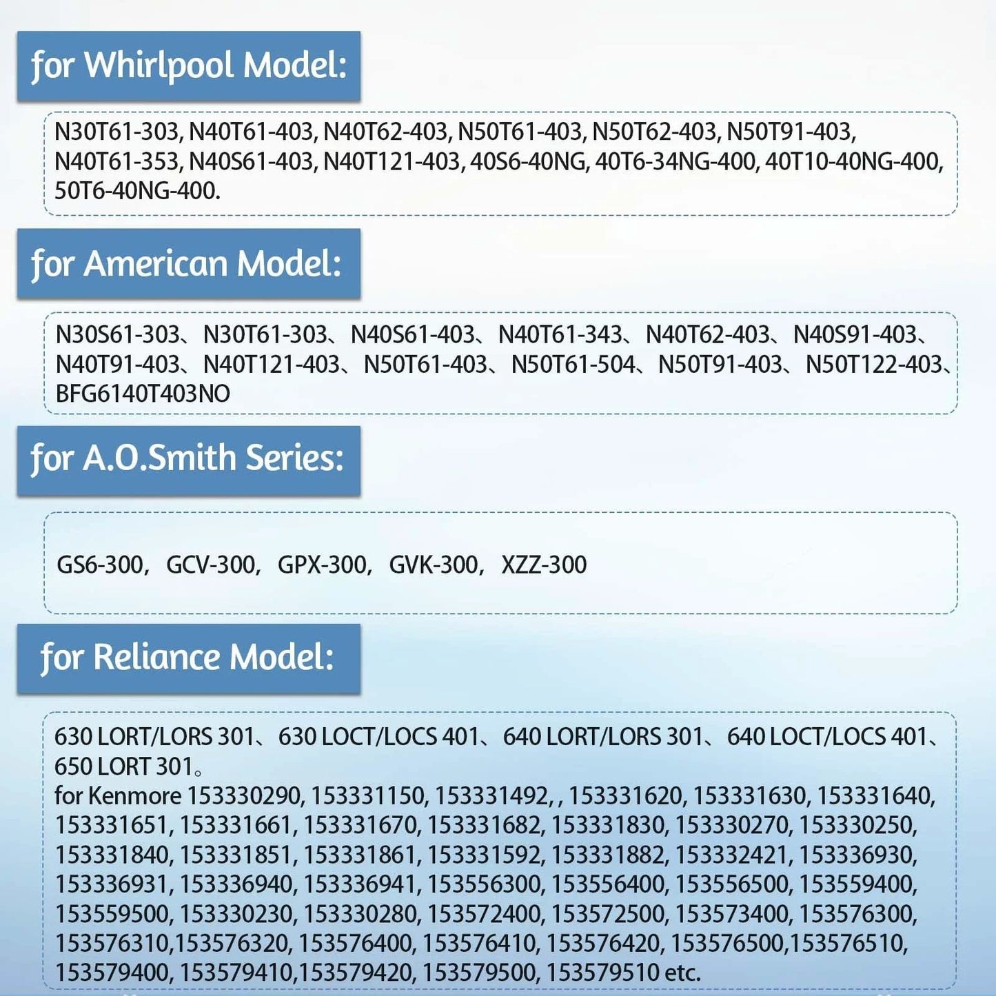List of compatible water heater models for Water Heater Pilot Assembly Replacement Parts For Whirlpool 300 And 301 Series.