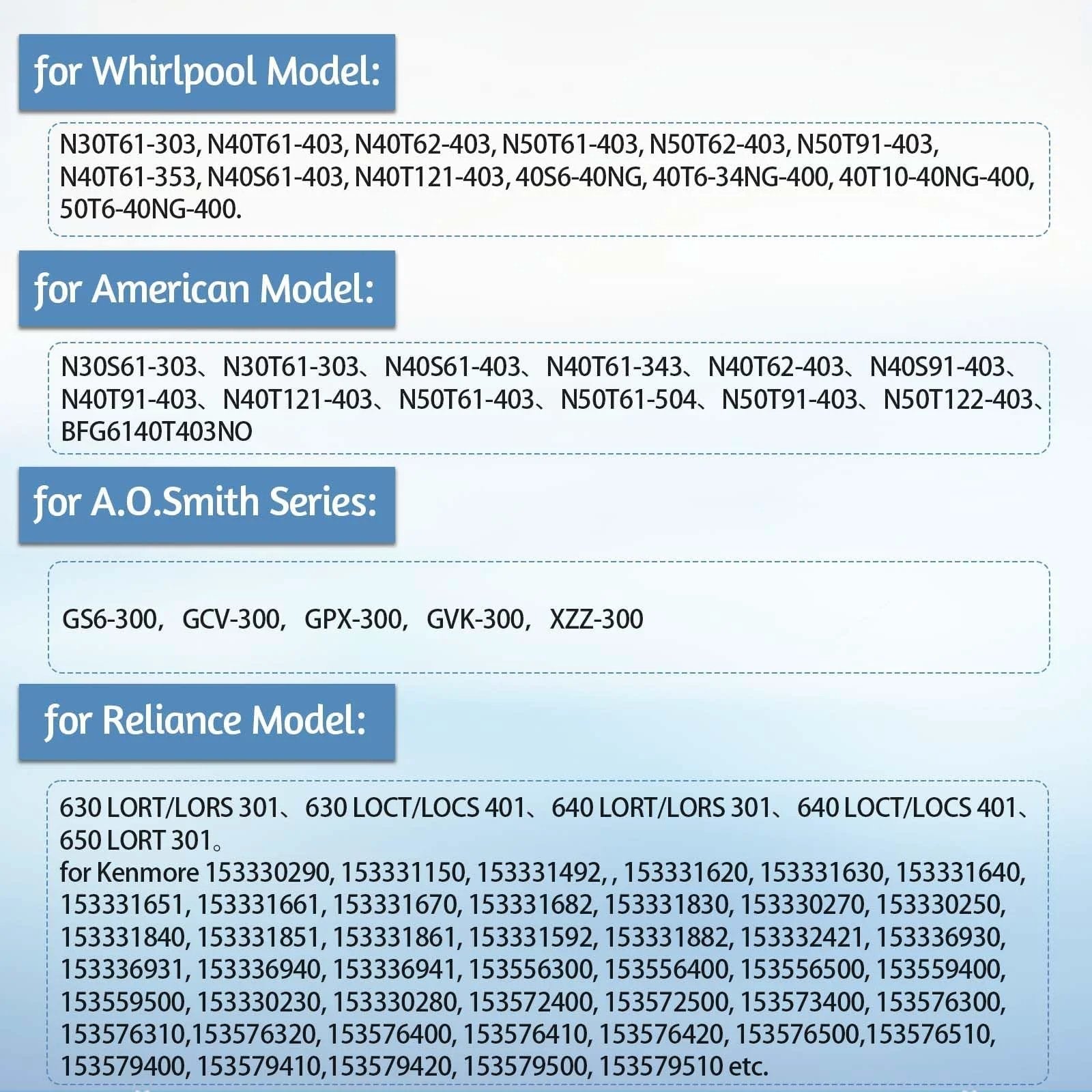 List of compatible water heater models for Water Heater Pilot Assembly Replacement Parts For Whirlpool 300 And 301 Series.
