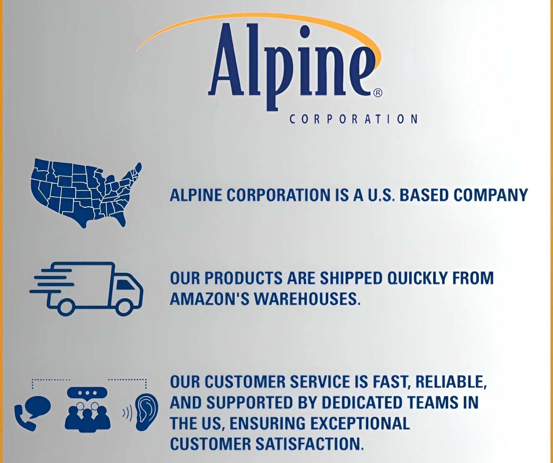 Graphic with Alpine Corporation logo, U.S. map, delivery truck, customer service icons, emphasizing U.S.-based operations and service.