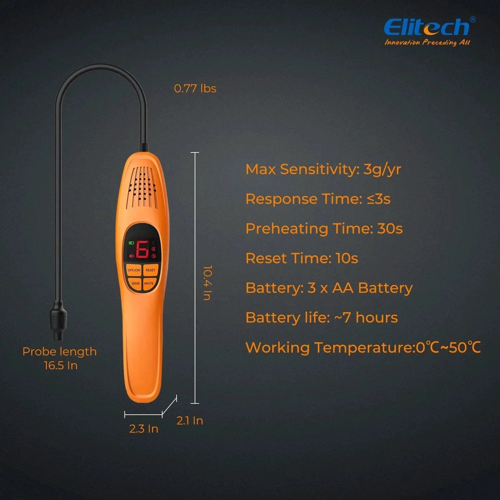 Automotive Refrigerant Leak Detector Pro With Heated Diode Sensor For Freon Leaks Detects R134A R410A R1234YF R600A R290 And All Halogenated Refrigerants Two Detection Modes Automatic And Manual Upgraded LD 100 Plus Long Life Sniffer, showing dimensions and specifications.