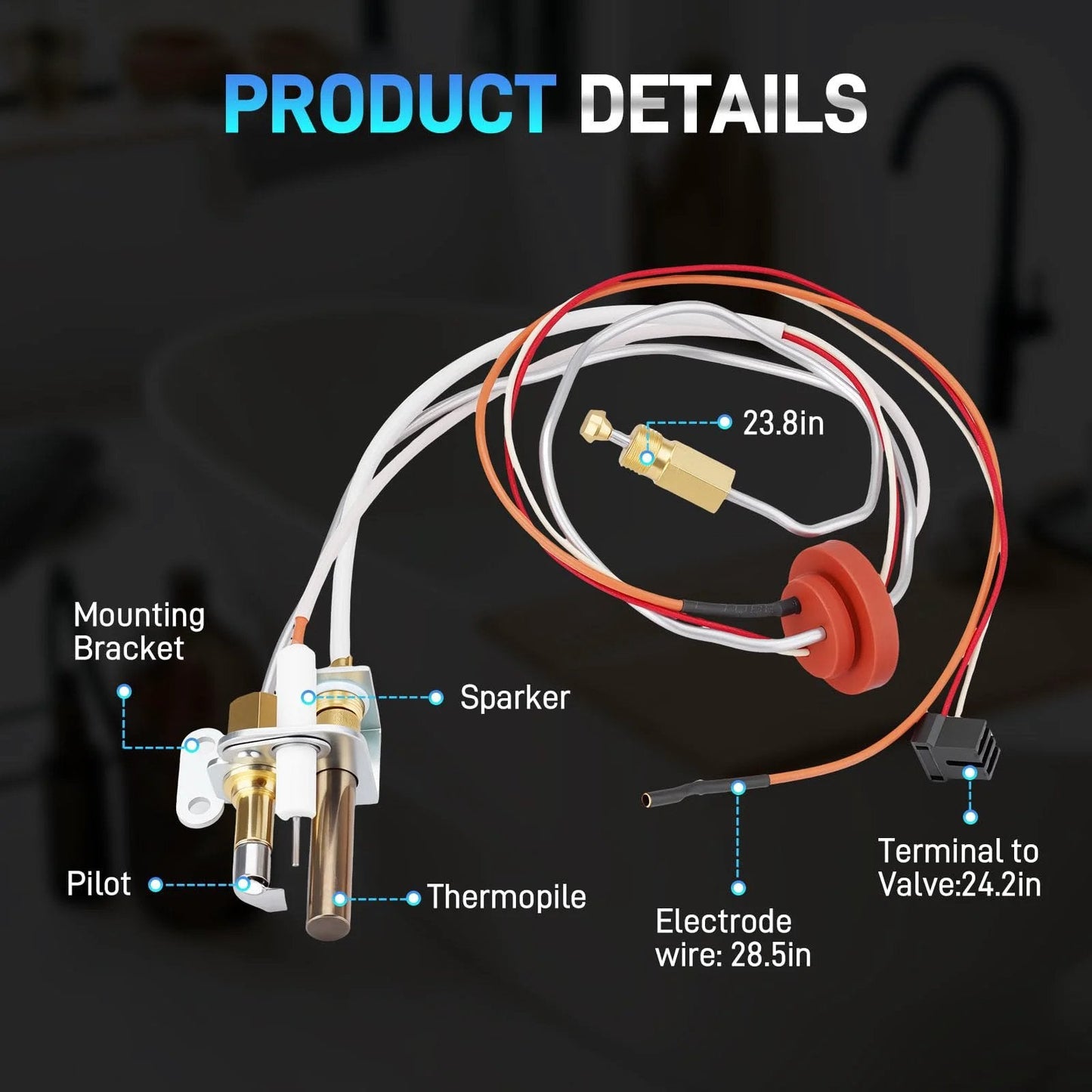 Plug And Play Pilot Assembly For Water Heater Ignition System With Thermopile And Sparker For Rheem Ruud Richmond Water Heaters NG With LP Orifice Replace SP20824 SP20754 SP21059 SP20800 Aging Resistant, showing detailed wiring and components against a blurred background.