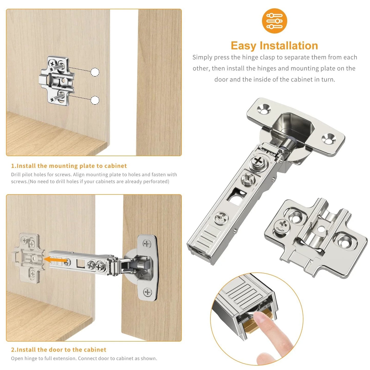 Frameless Full Overlay Cabinet Hinges With Soft Close Self Closing For Quick DIY Install, 105 Degree Opening, 4D Adjustment, Speed Control, Clip On, Satin Nickel Finish, Stainless Steel For European Style Cabinet Doors, 10 Pack Chibery