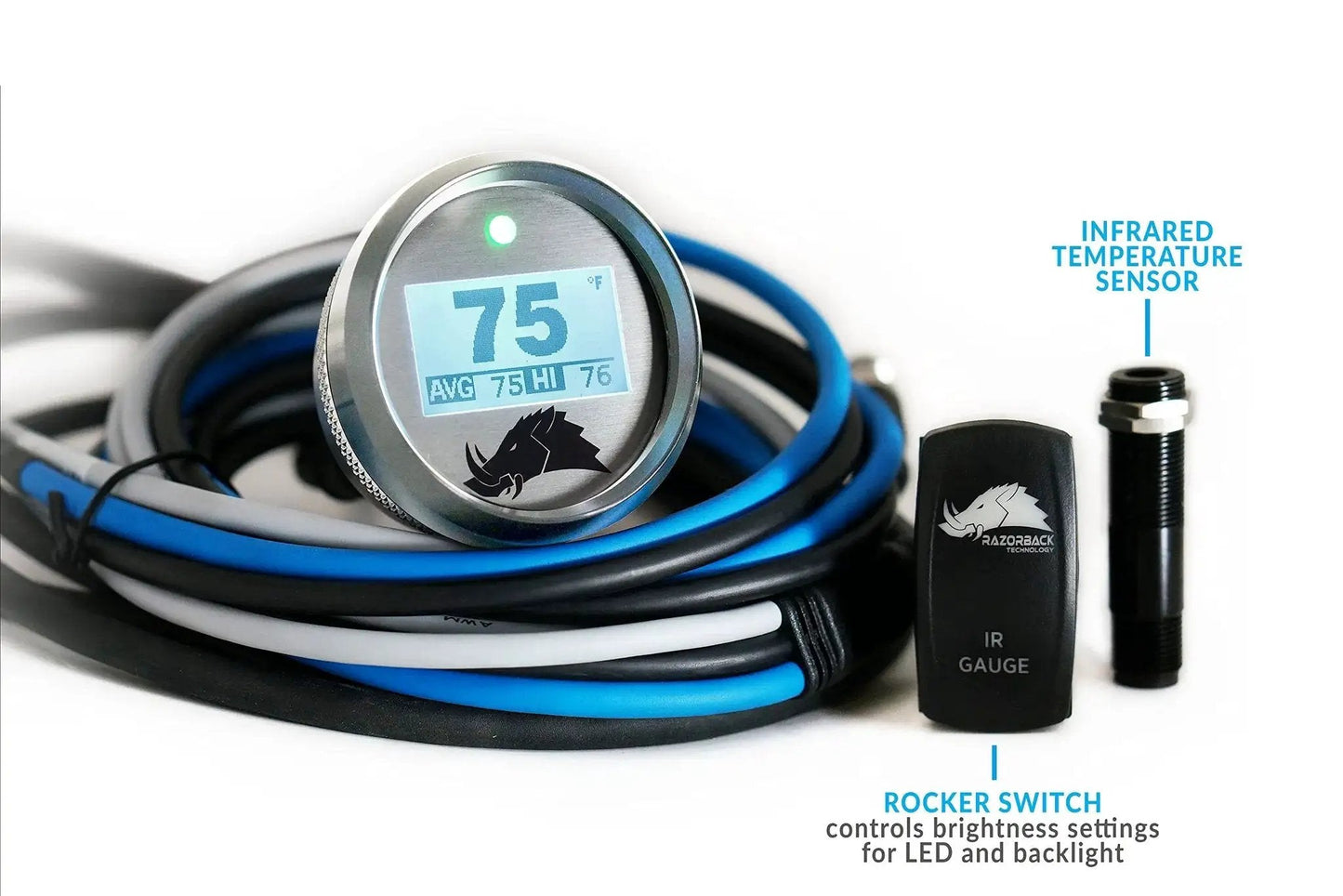 Dimmable Infrared Belt Temperature Gauge With RealTime Monitoring And LED Alerts shown with wires and controls