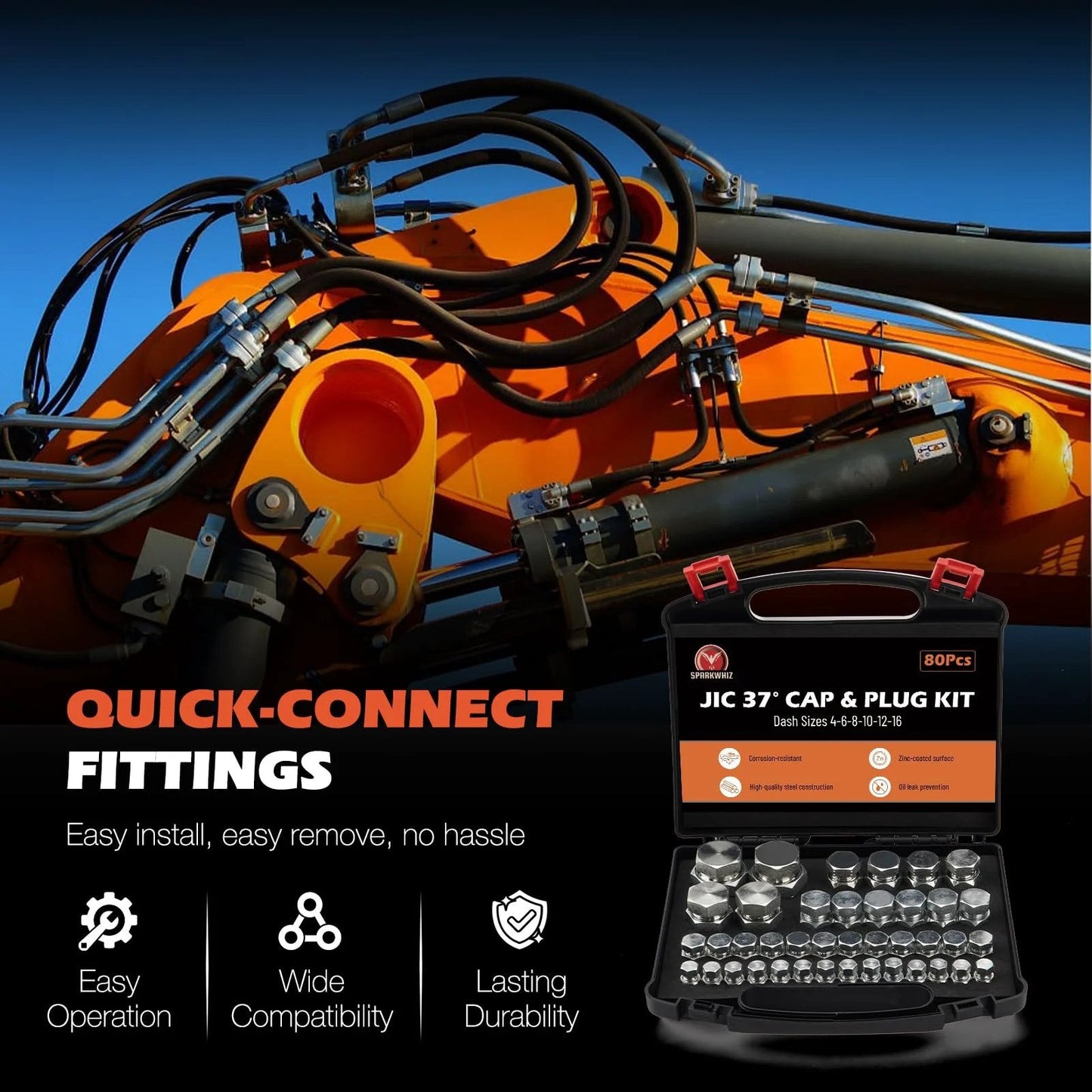 Leak-Proof JIC 37 Degree Flare Cap And Plug Kit, 80-Piece Hydraulic Fitting Set shown with industrial machinery.