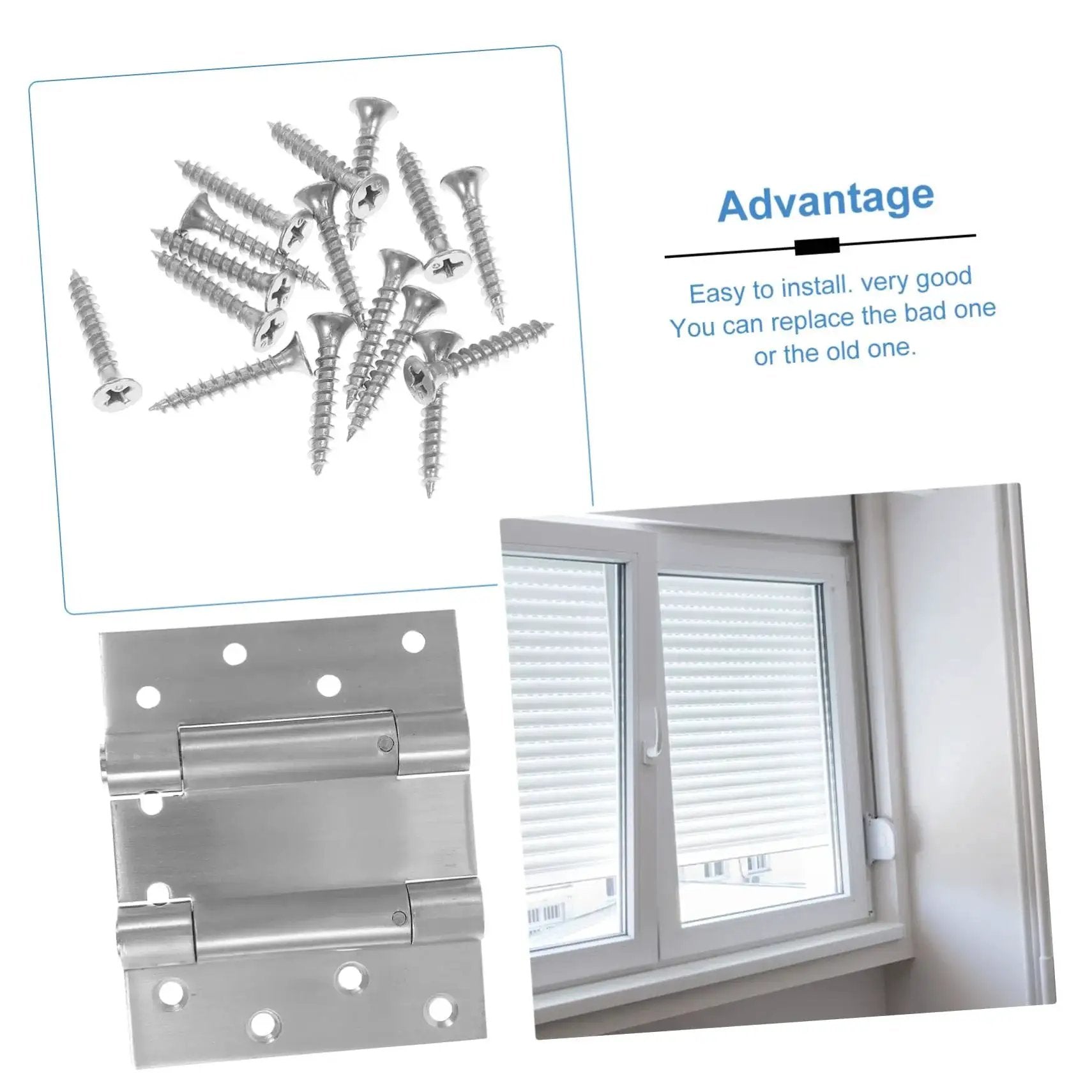 Double Opening Spring Hinges Self Closing Door Hardware For Storm And Garden Doors with screws and installation view.