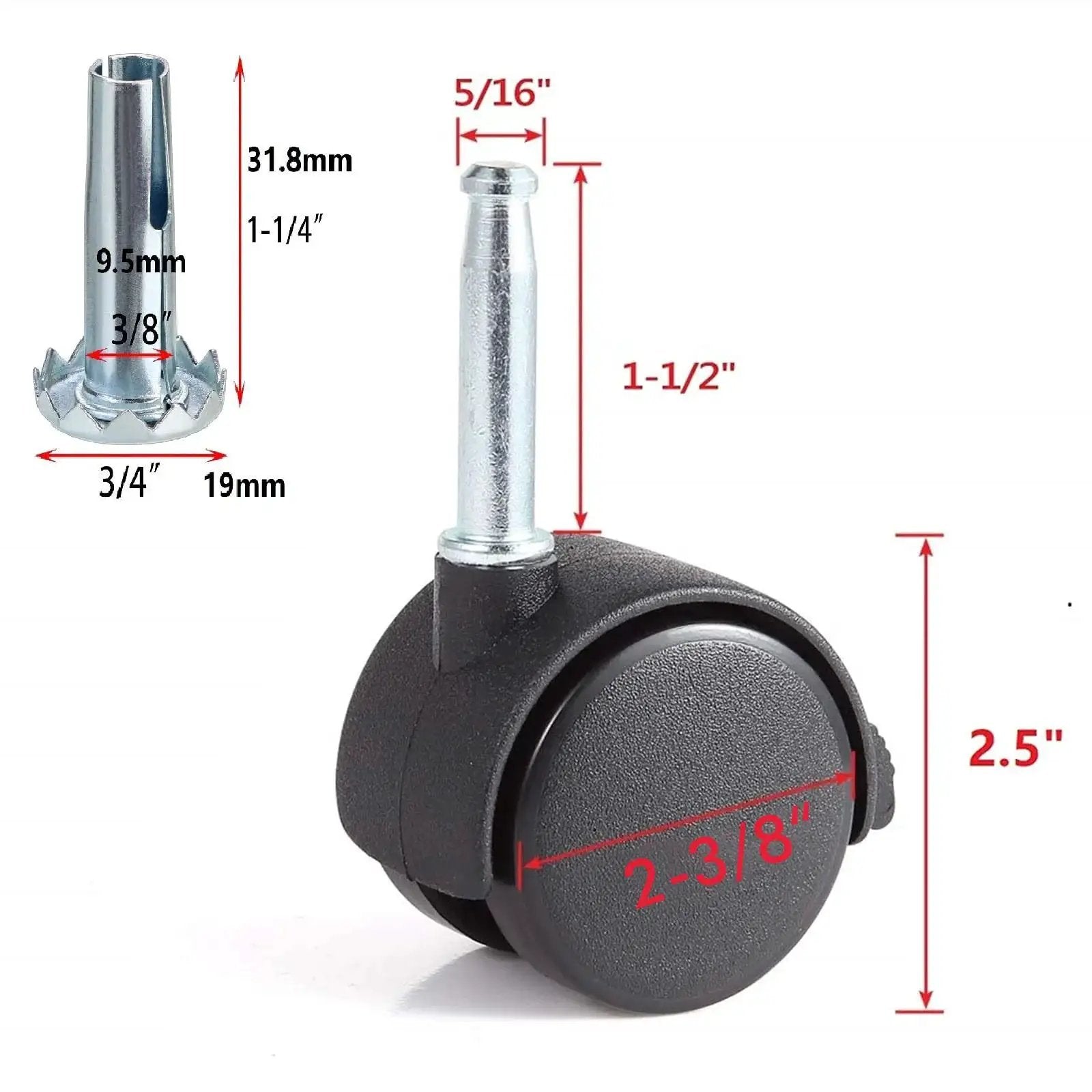 Close-up of 2 Pack Locking Swivel Caster Replacement Wheels For Weber Gas Grill Stem Casters 2.5 Inch Twin Wheel Rubber Caster Wheels With Friction Mount 5/16 X 1-1/2 Inch Pin Stem 55-Lb Load Capacity Per Caster Easy Install showing measurements.