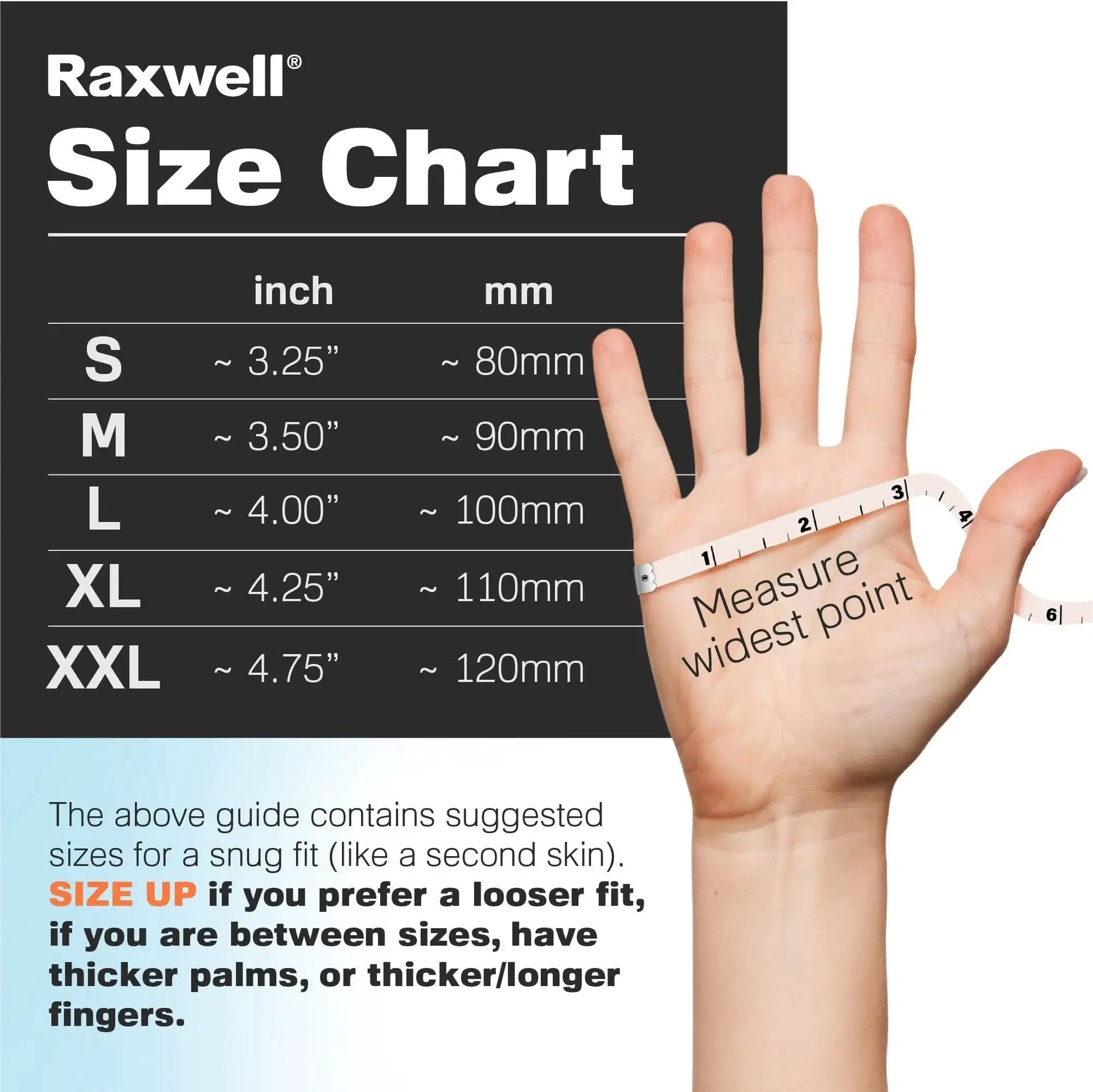 Size chart for Diamond Texture Nitrile Gloves With Superior Grip And Puncture Resistance, L size highlighted, hand measuring guide.
