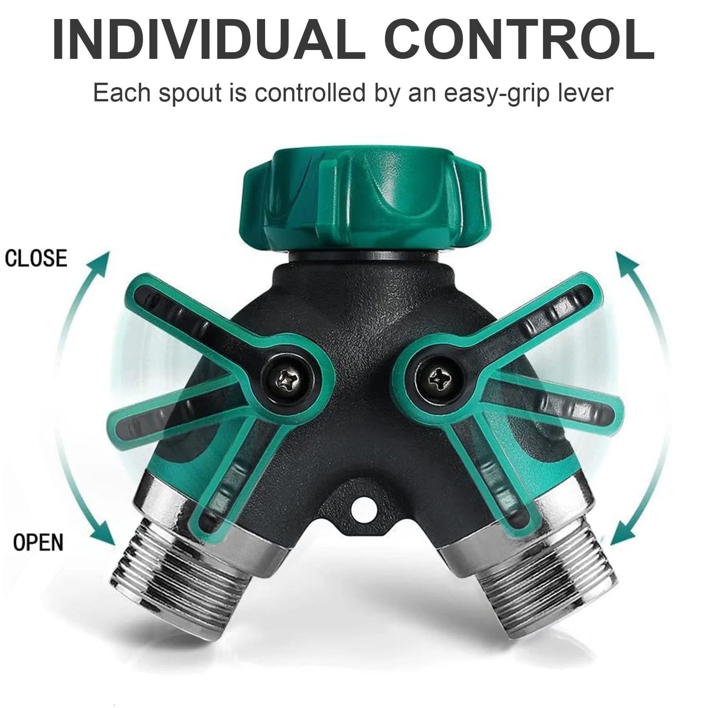 Garden Hose Splitter 2 Way With Long Handle Shut Off Valve Double Y Connector showing two green levers and metal threads.