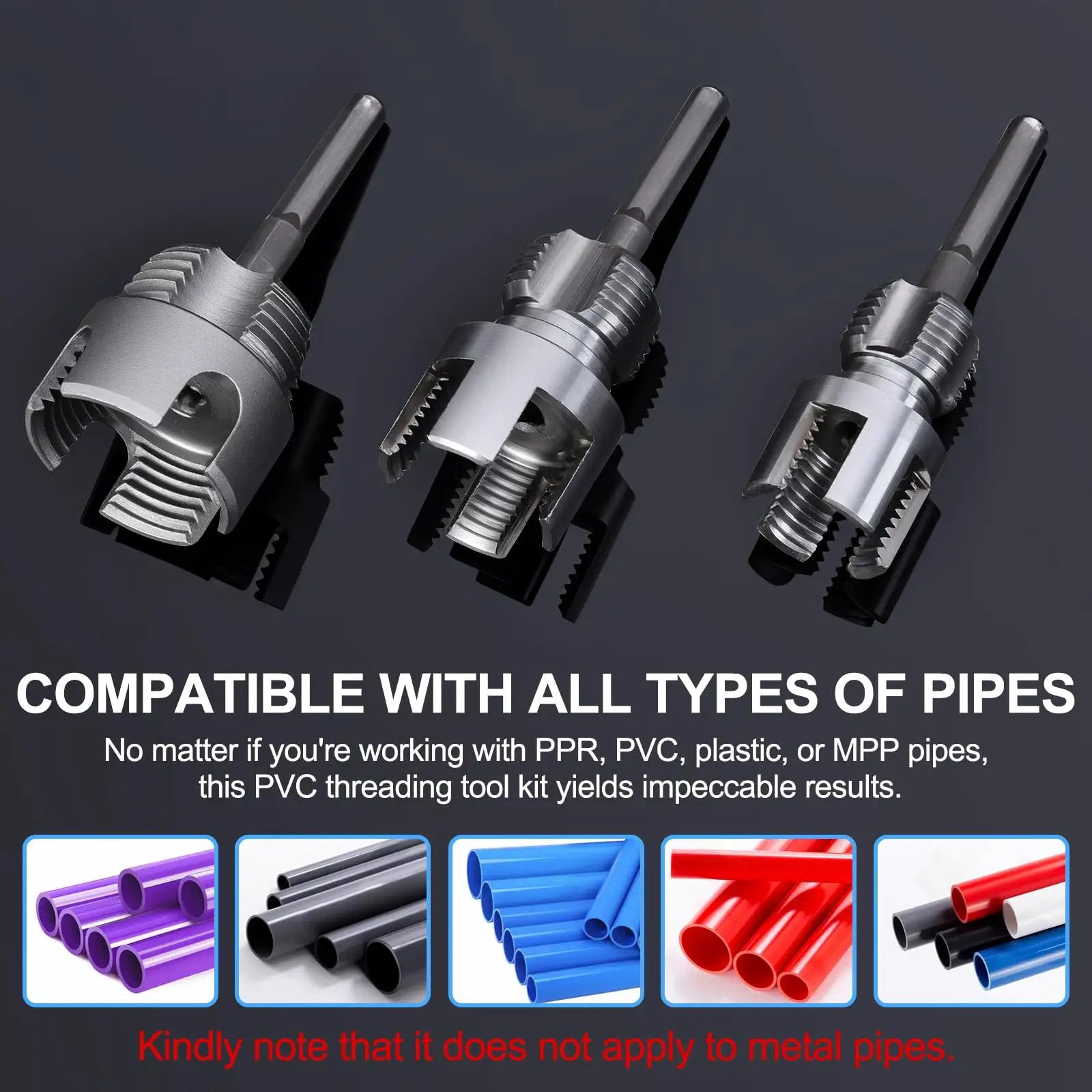 Dual Function PVC Pipe Threader Kit for internal and external threading in one half inch, three quarter inch, and one inch pipes.