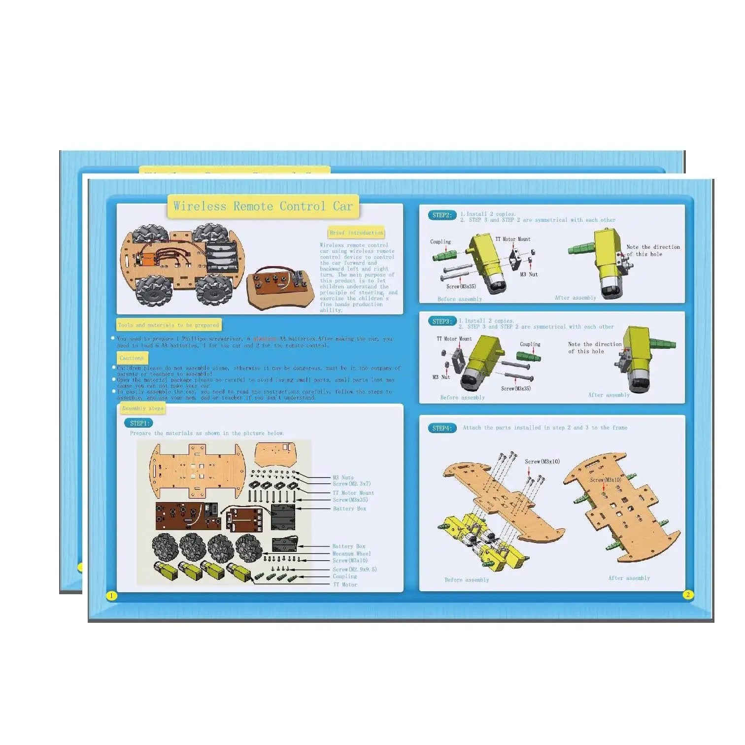 Instruction manual for DIY 4WD Remote Control Car Kit for Kids Ages 6-12 with 68mm Mecanum Wheels and STEM Electronics Lessons.