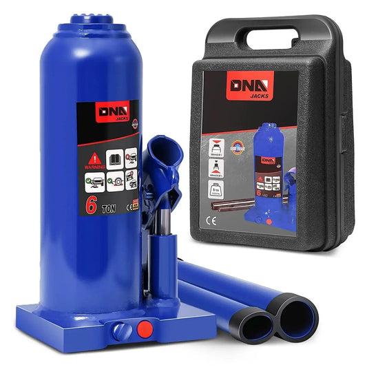 Front view of 6 Ton Hydraulic Bottle Jack For Automotive Lifting With Welded Steel Blue, showing packaging and hydraulic components.