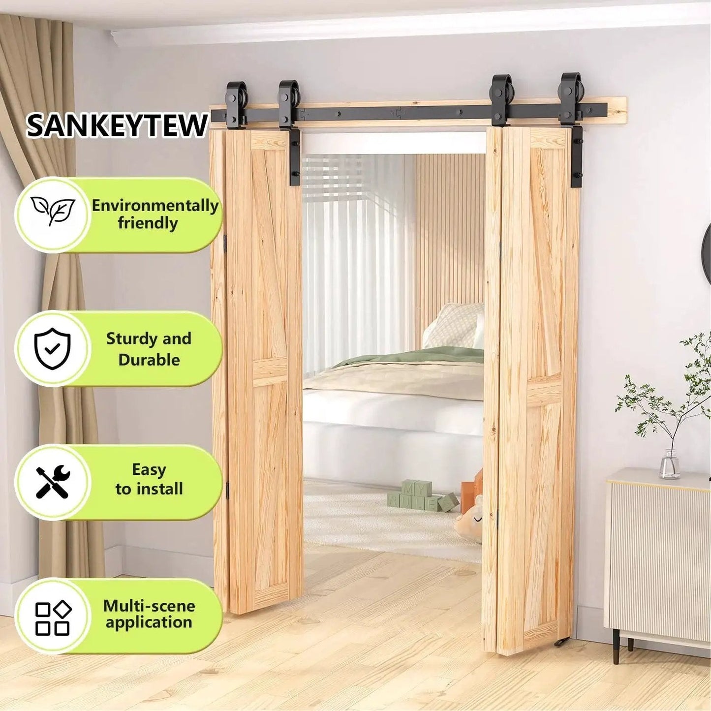 52 Inch Bifold Barn Door Hardware Kit For 4 Bifold Doors Black Finish shown installed in bedroom entryway