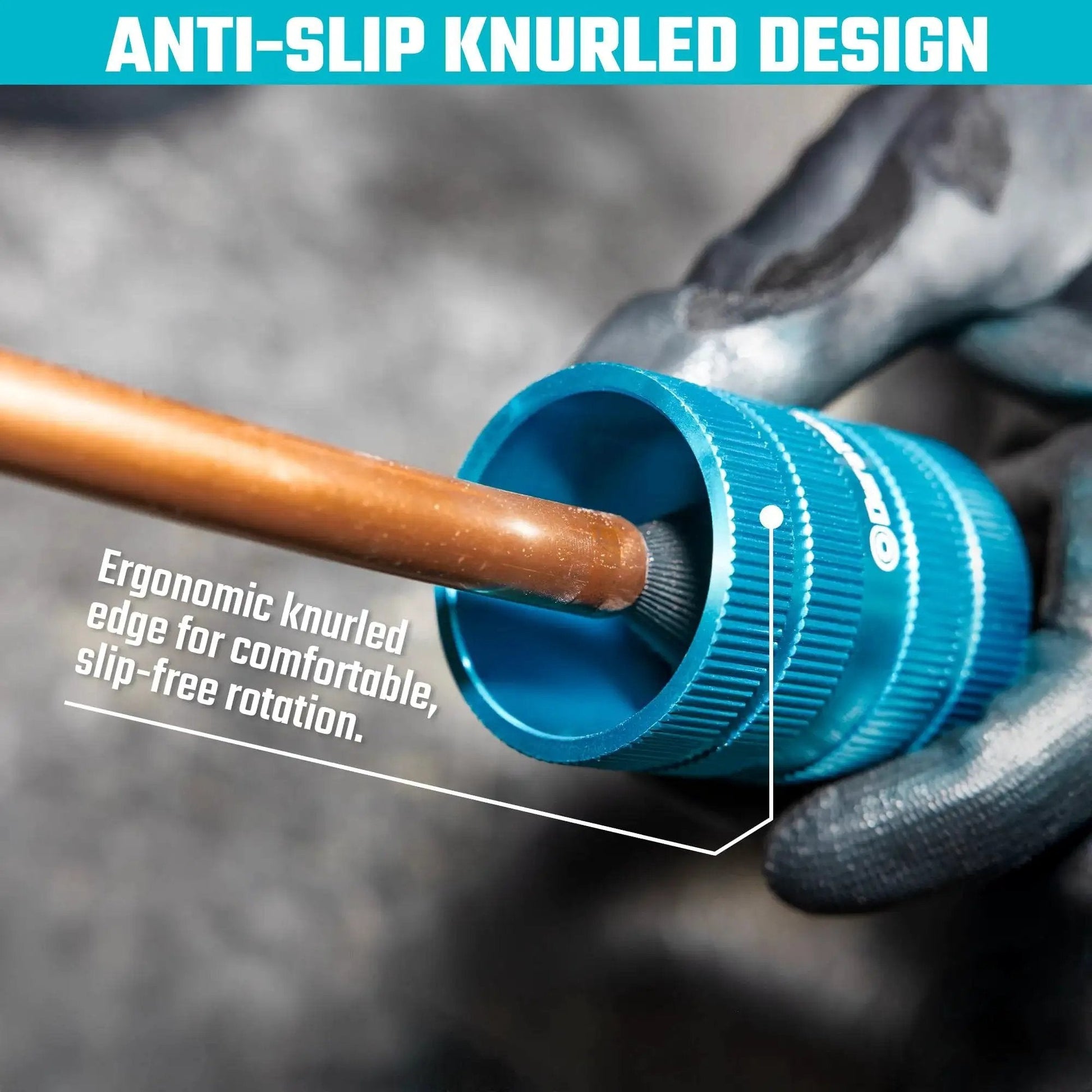 Versatile Tubing And Pipe Reamer For Quick Deburring From 0.25 Inch To 1.25 Inch OD Heavy Duty Aluminum Body in use on copper pipe