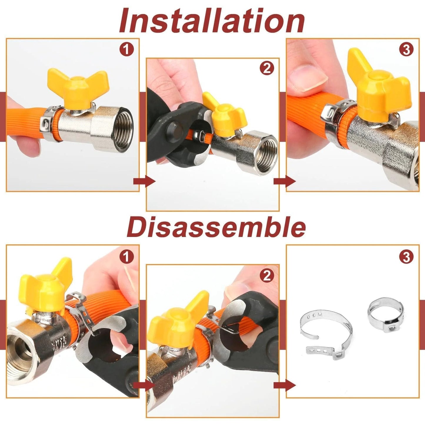 Pro Grade 370 Piece Hose Clamp Set With 15 Sizes From 5.3 To 33.1mm Single Ear No Sharp Edges Crimp Clamps In 304 Stainless Steel Stepless Adjustable Cinch For Auto Plumbing Appliances And Industrial Use In Organized Plastic Case shown in installation and disassembly steps
