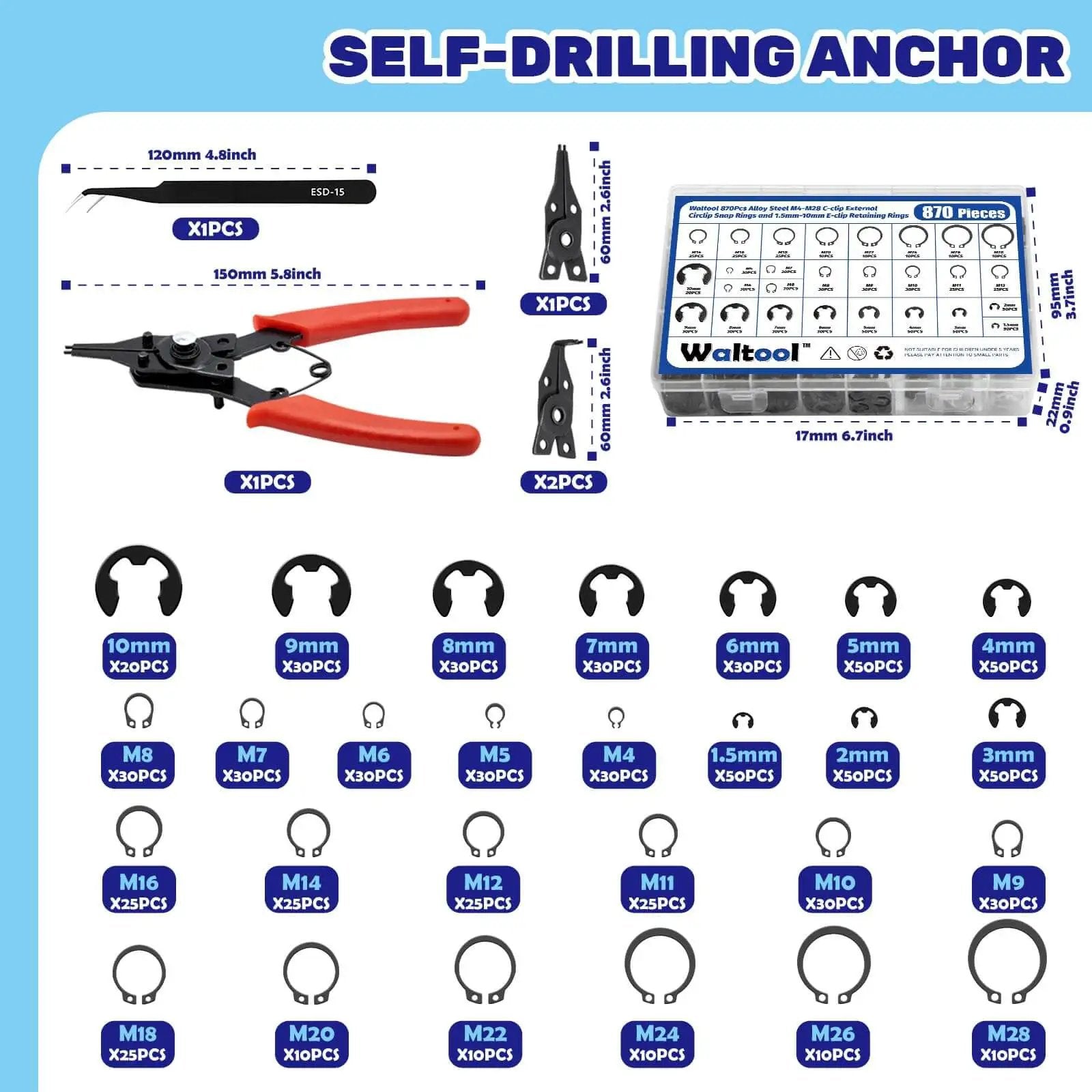 870 Pieces Alloy Steel External C Clip And E Clip Retaining Ring Kit Heavy Duty With 4 In 1 Snap Ring Pliers And Tweezers