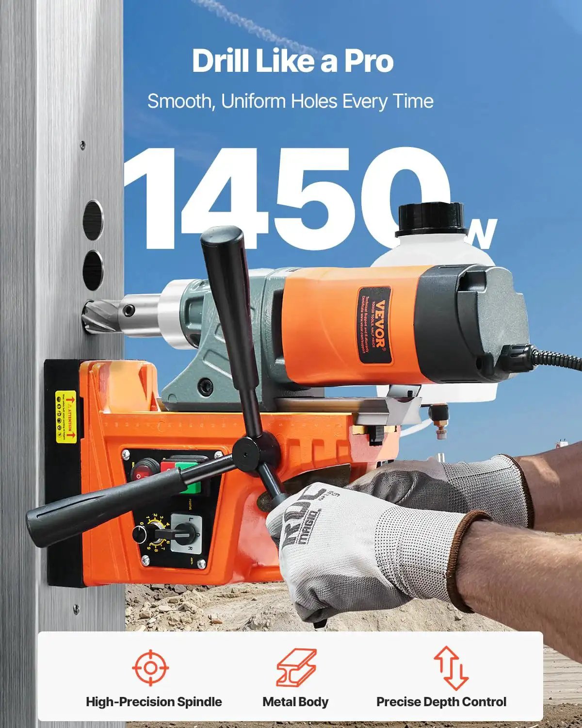 Heavy Duty Magnetic Drill Press With 1450W Motor, 0-800 RPM, 2 In Boring Capacity, Portable Electric Mag Drill in use