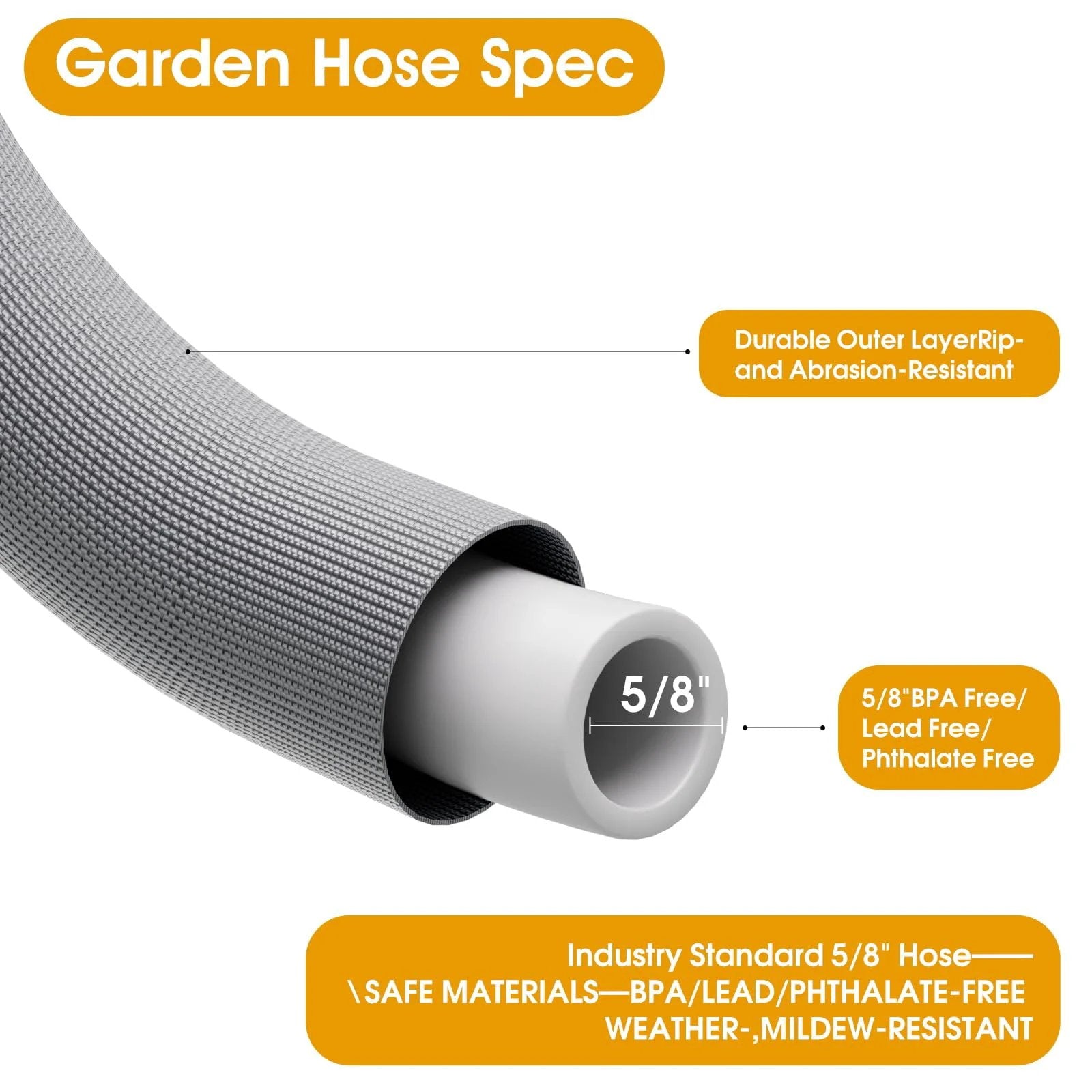 Cross-section view of Ultra Lightweight 100 Ft Garden Hose That Is Non Expanding Burst Resistant Kink Free Easy To Maneuver High Pressure All Weather Hose For Lawns Gardens And Outdoor Cleaning, showing ribbed surface and inner dimensions with labels for BPA-free material, durability, and weather resistance.