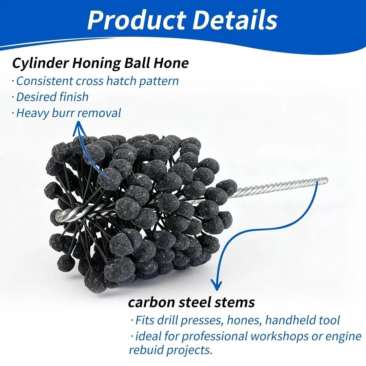 Close-up of Cylinder Honing Ball Brush 4.125 Inch Diameter 240 Grit Silicon Carbide with carbon steel stems