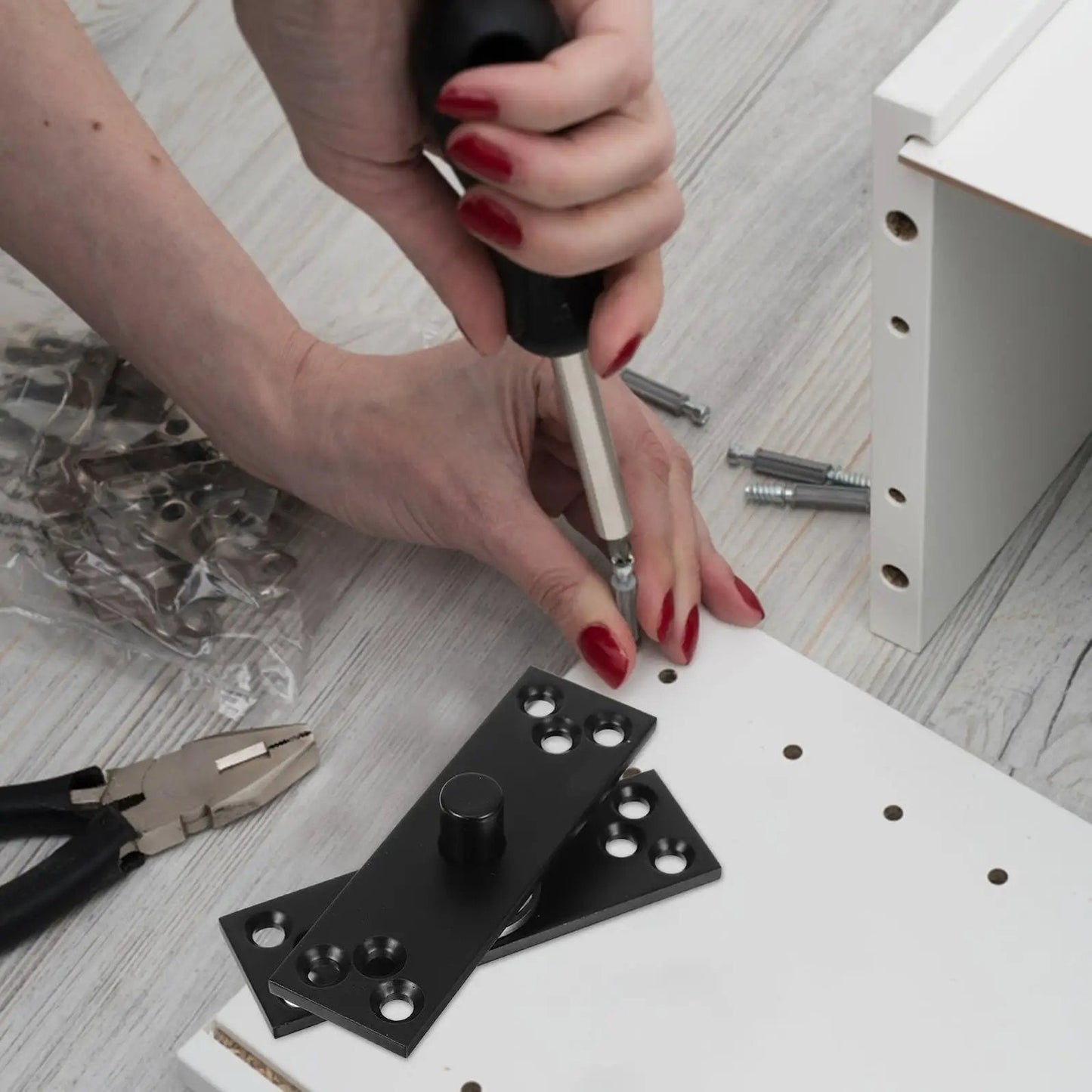Assembly of Beefy Hidden Door Hinge 360 Degree Stainless Steel Concealed Pivot for cabinets and bookcases with tools.