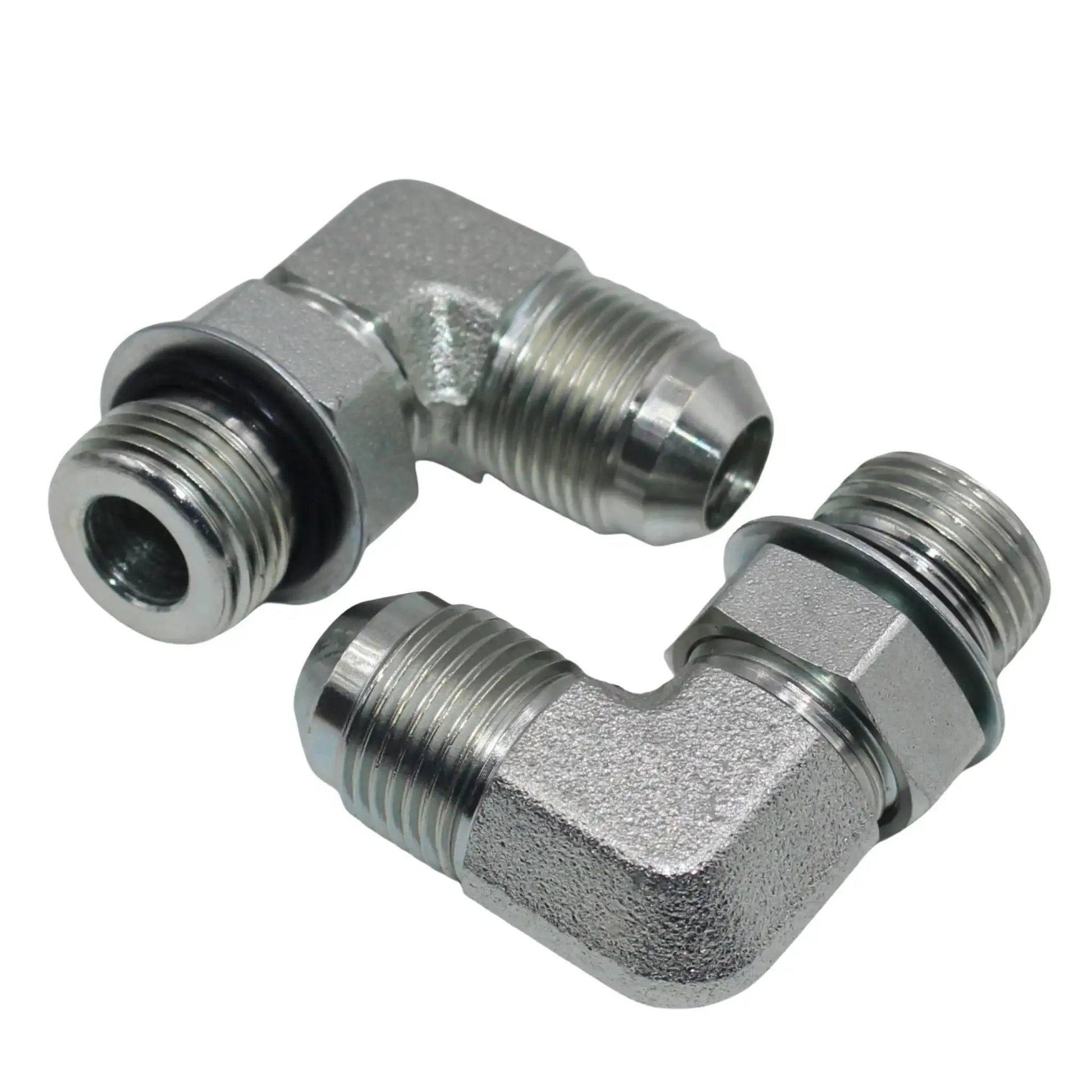Five Pack One Half Inch JIC 37 Degree Male To SAE ORB Male Hydraulic Corner Elbow Fittings For Fluid Power Systems Carbon Steel Construction 6000 PSI Maximum Working Pressure Three Quarter Sixteen UNF Threads On Both Ends