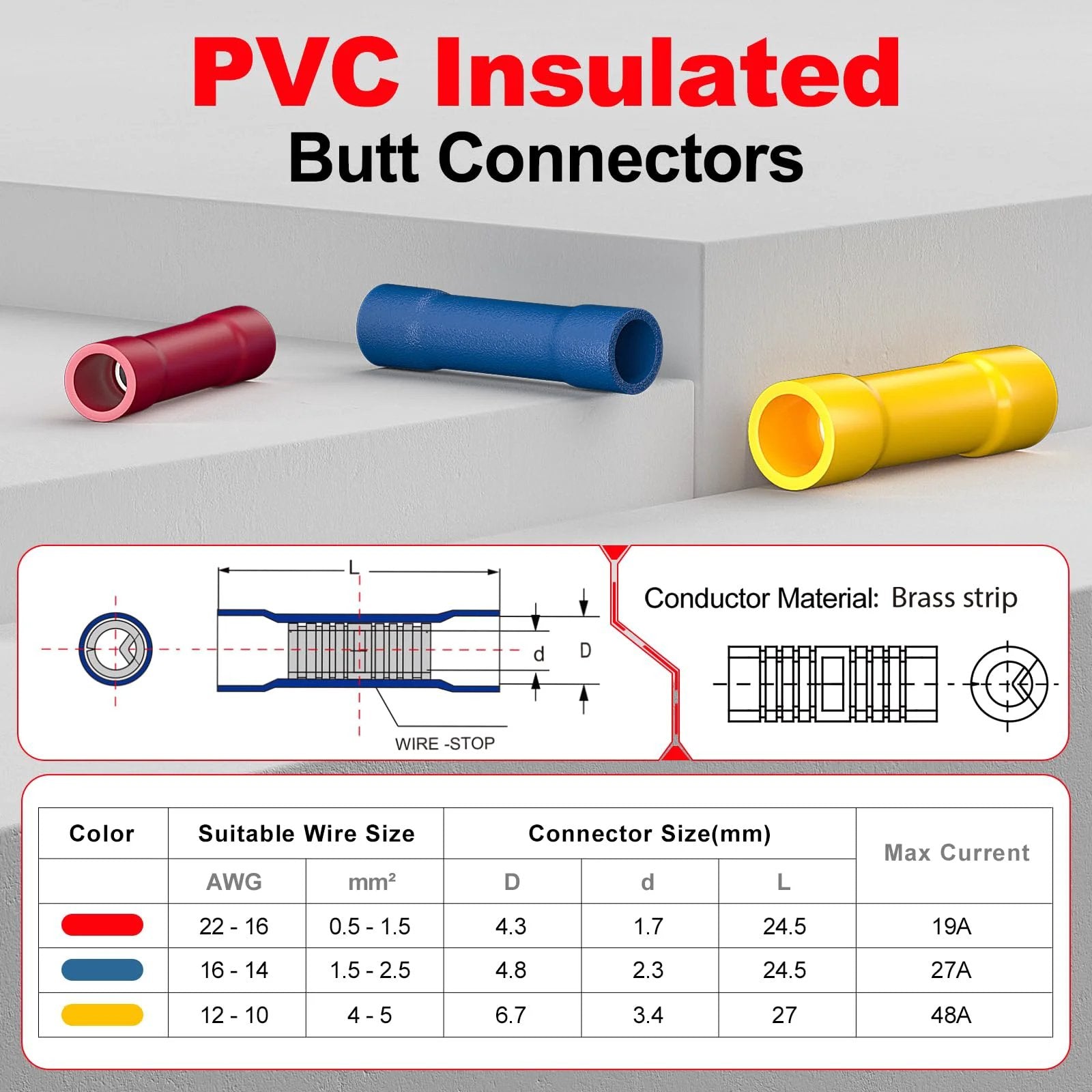 Red UL Listed Butt Connectors For 22-16 AWG Wire, 100 Pack Crimp Splice Terminals With Fully Insulated PVC Barrel, diagram and color options