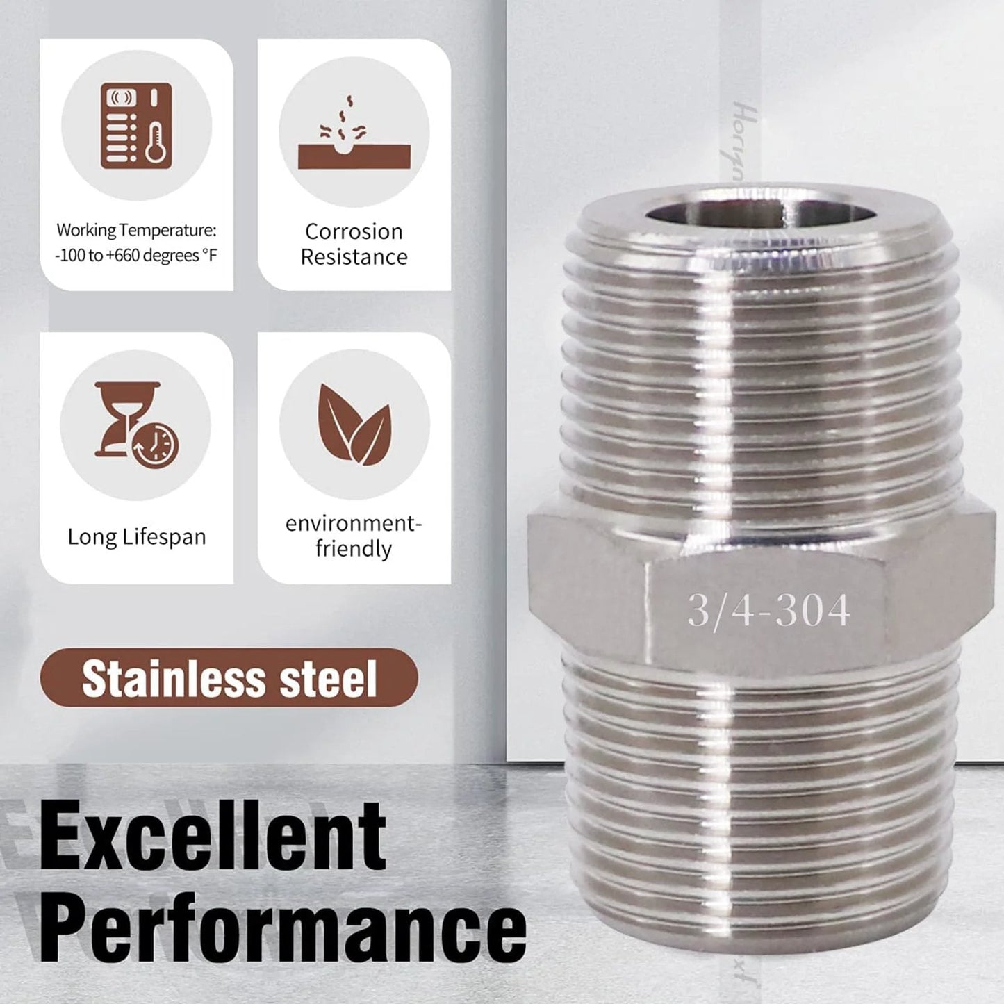 Stainless Steel 304 NPT Three Quarter Inch Hex Pipe Fitting next to product features, showing heavy duty 3000 PSI male thread adapter.